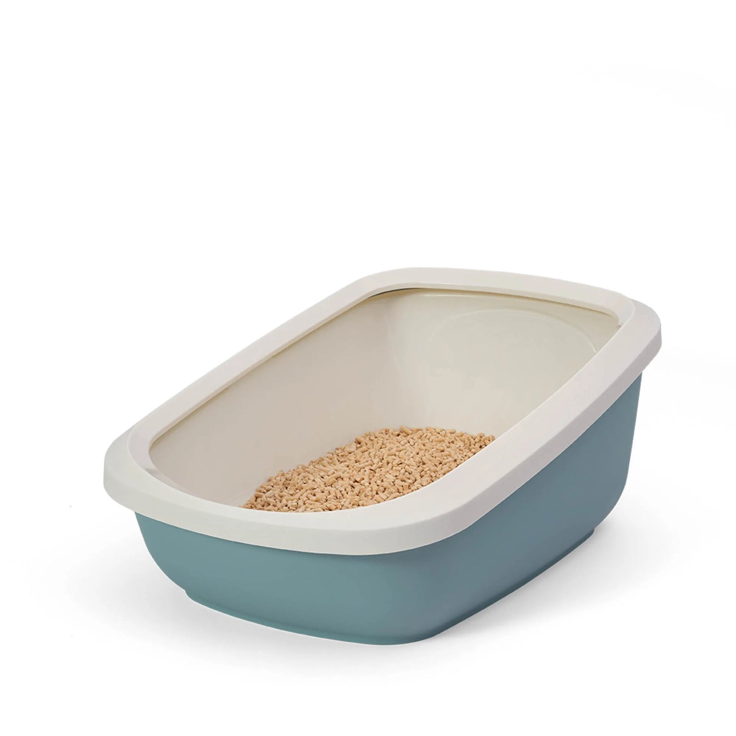 PeeWee EcoGranda Katzentoilette blau taubenblau offene Sicht von schräg oben, zeigt Holzpellets Holzstreu