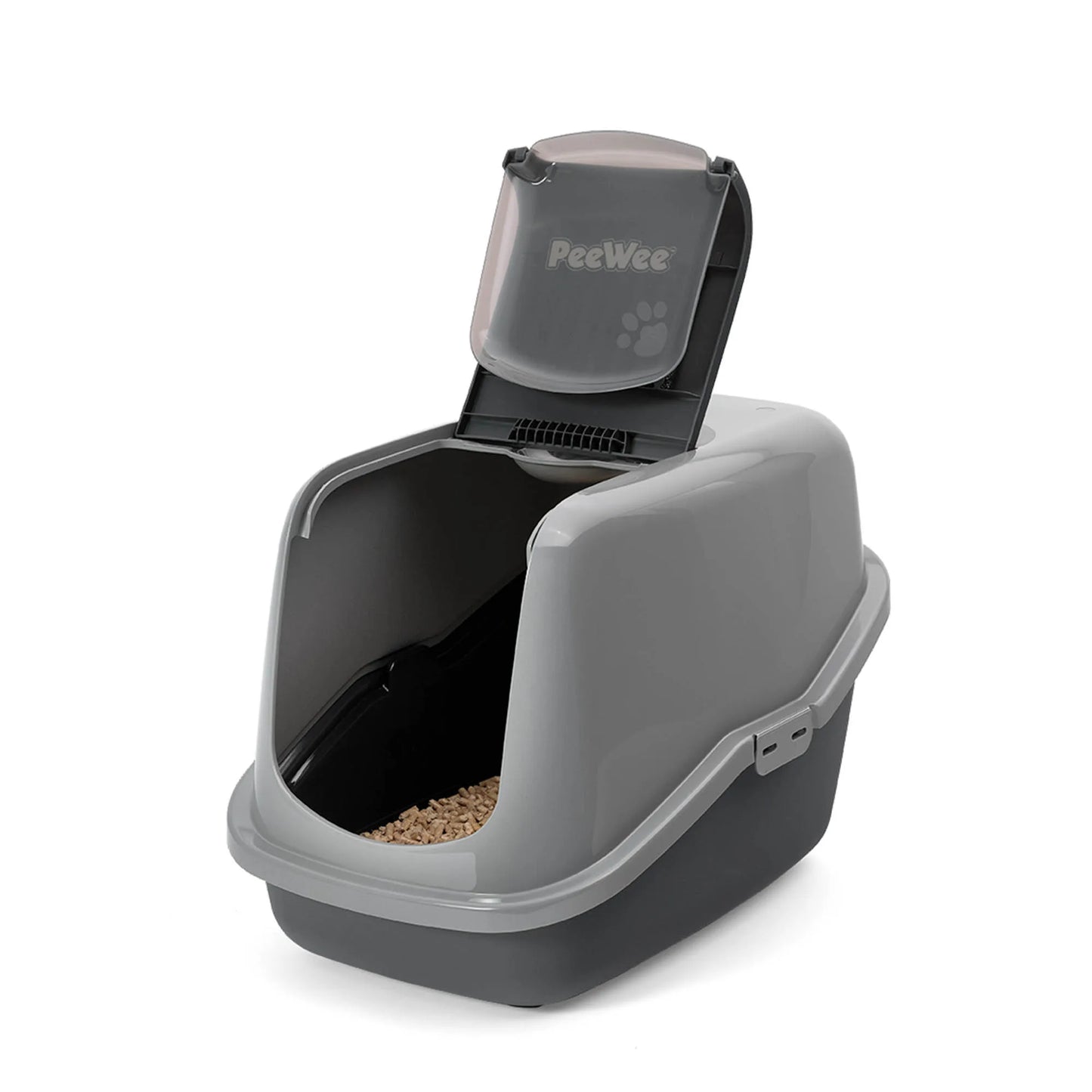 PeeWee EcoHus Katzenklo Grau – Starterpaket mit Haube & 3 kg Holzpellets