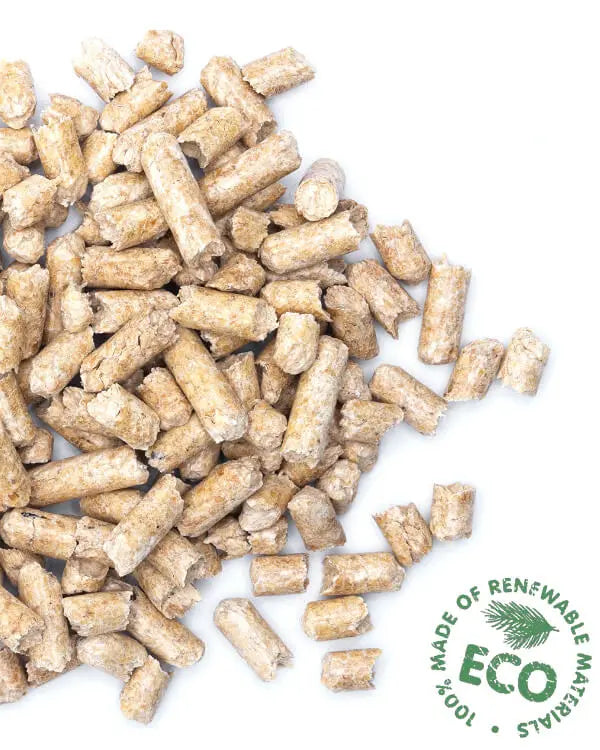 Natürliche Holzpellets als Katzenstreu mit Eco-Siegel – nachhaltige Lösung für hygienische Katzentoiletten.