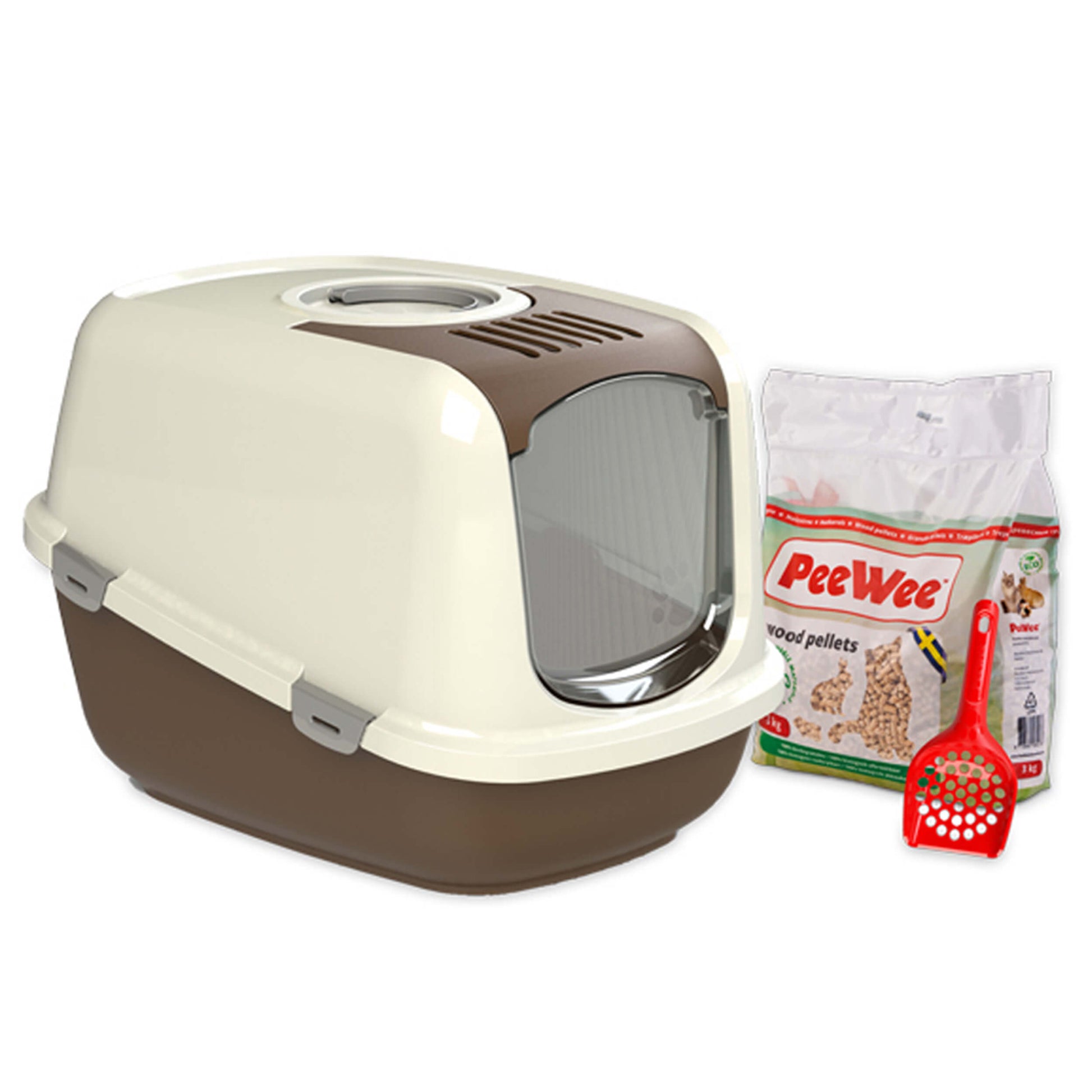 PeeWee EcoDome Starterpaket braun – geschlossene Katzentoilette mit Holzstreu für saubere, geruchsfreie Hygiene.
