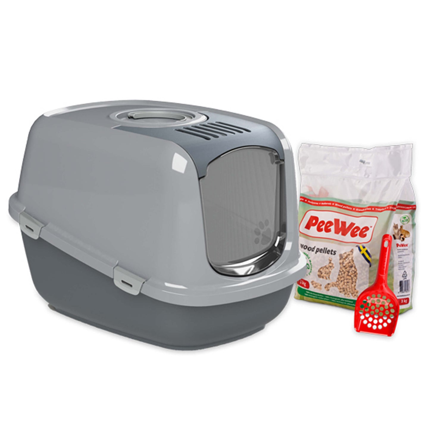 PeeWee EcoDome Starterpaket grau – geschlossene Katzentoilette mit Holzstreu für saubere, geruchsfreie Hygiene.