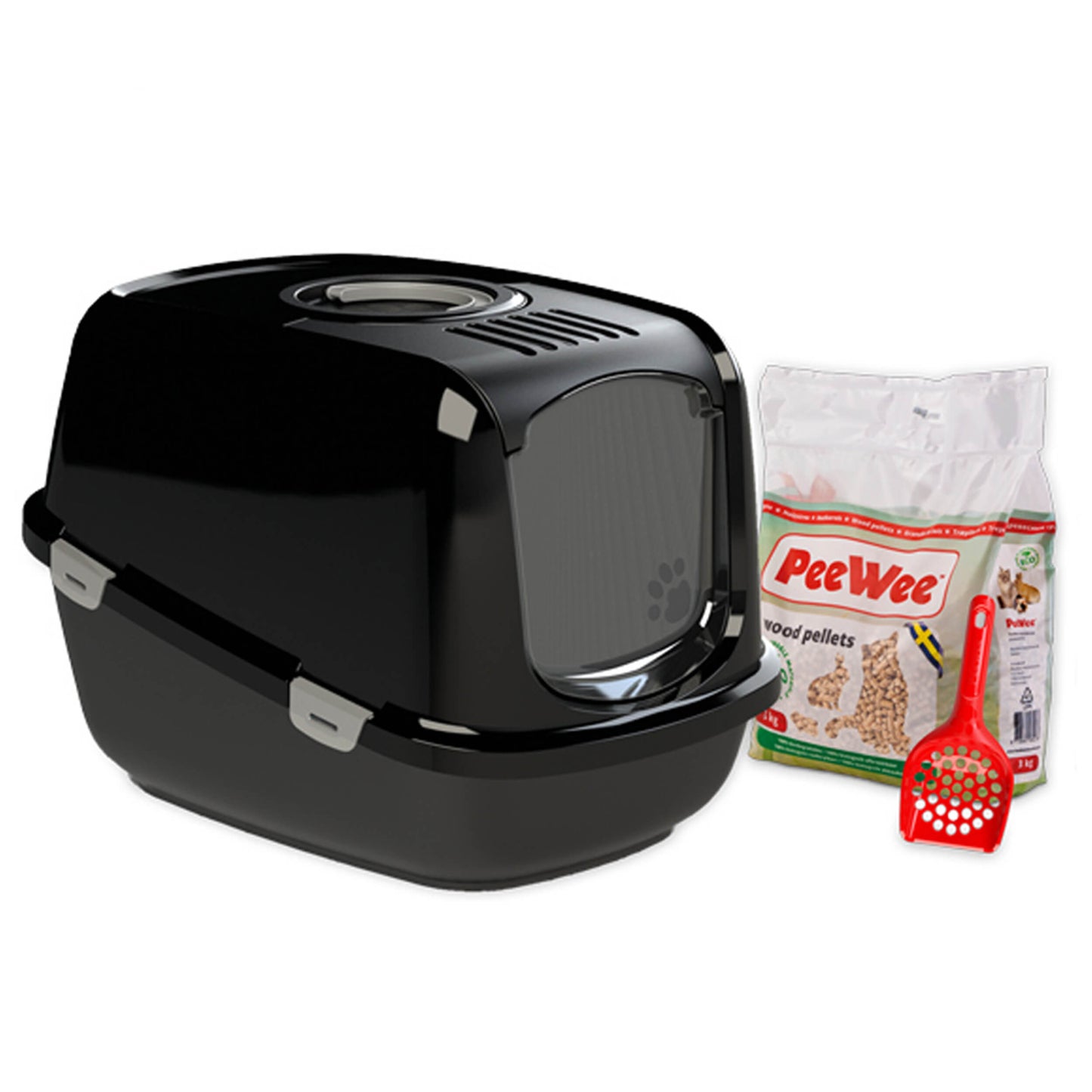 PeeWee EcoDome Starterpaket schwarz – geschlossene Katzentoilette mit Holzstreu für saubere, geruchsfreie Hygiene.