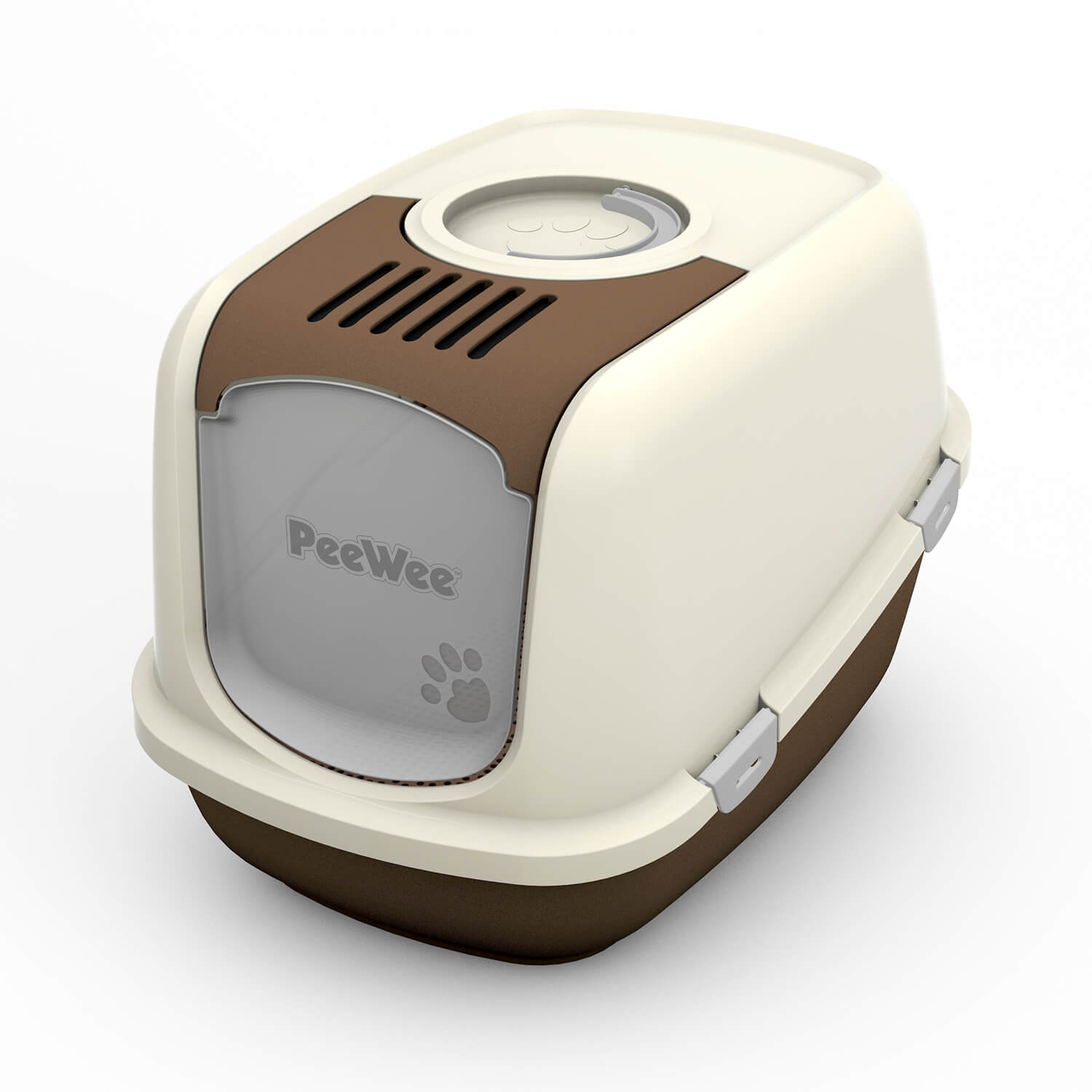 PeeWee EcoDome XXL Katzentoilette braun geschlossene Ansicht mit transparenter Tür und Belüftung