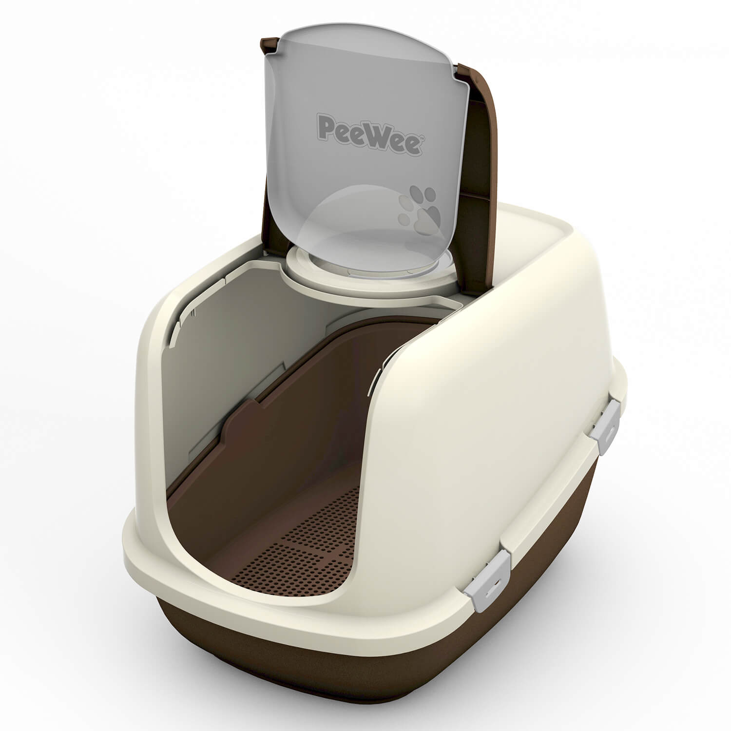 PeeWee EcoDome Katzentoilette braun offene Tür, zeigt Siebsystem und Innenraum für bessere Hygiene