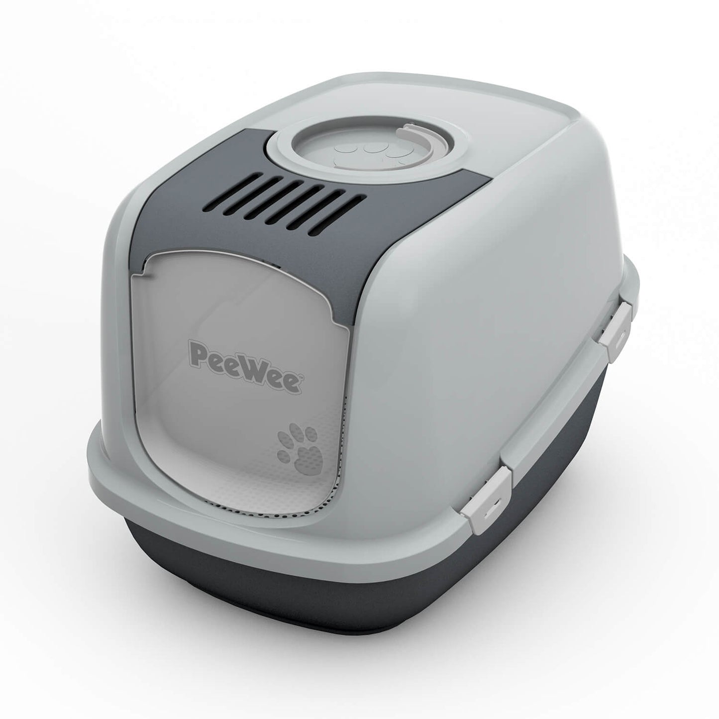 PeeWee EcoDome Katzentoilette Grau – geschlossene Ansicht mit transparenter Tür und Belüftung