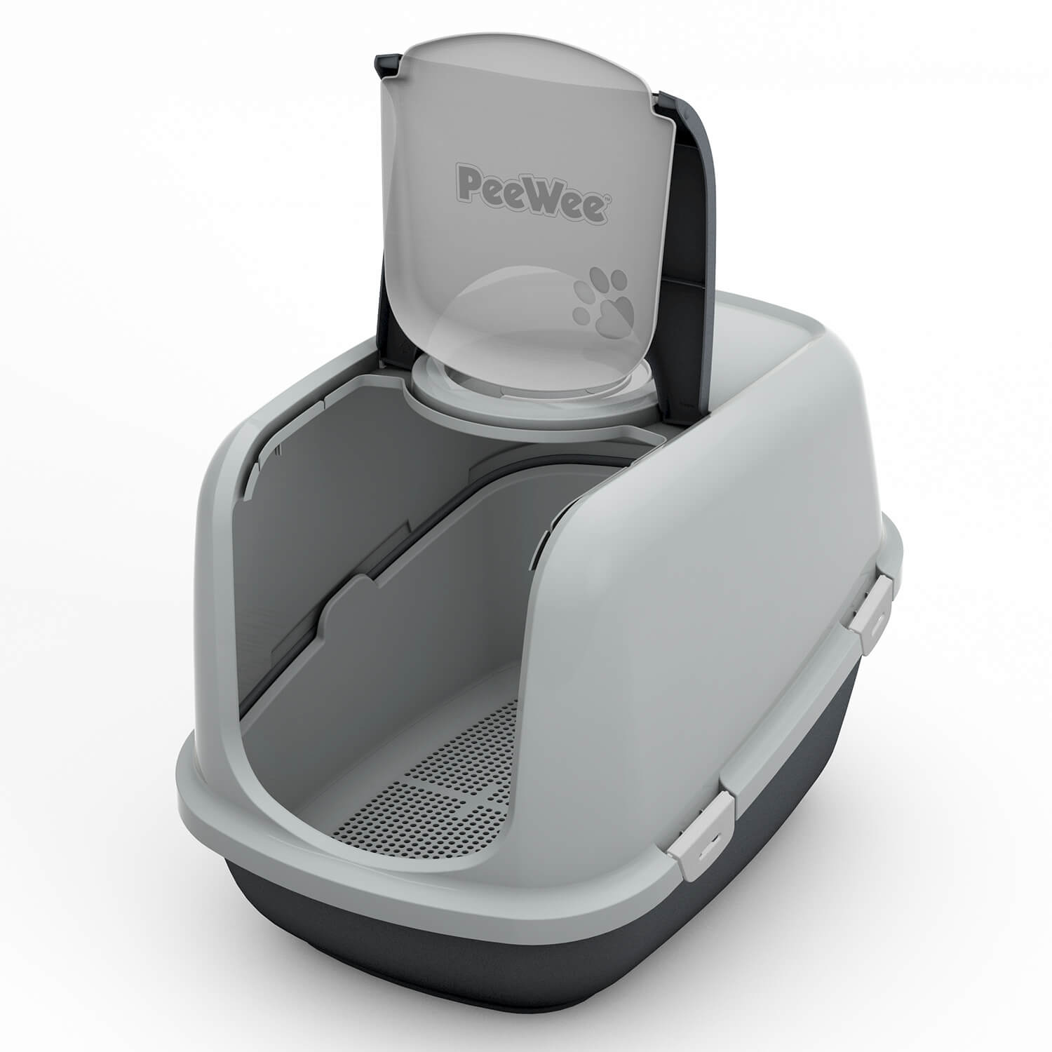 PeeWee EcoDome Katzentoilette Grau – offene Tür, zeigt Siebsystem und Innenraum für bessere Hygiene