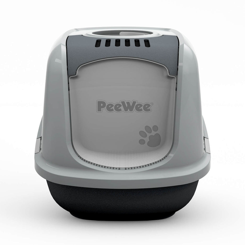 PeeWee EcoDome Katzentoilette Grau – Frontalansicht mit verschließbarer Tür und integriertem Filtersystem