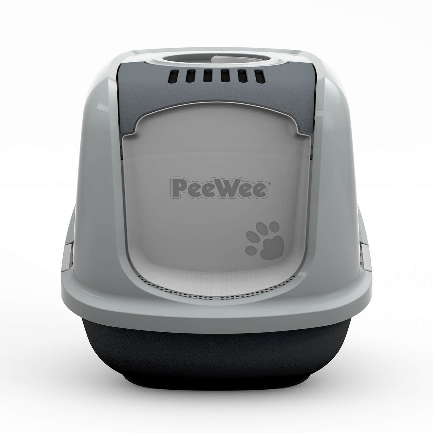 PeeWee EcoDome Katzentoilette Grau – Frontalansicht mit verschließbarer Tür und integriertem Filtersystem