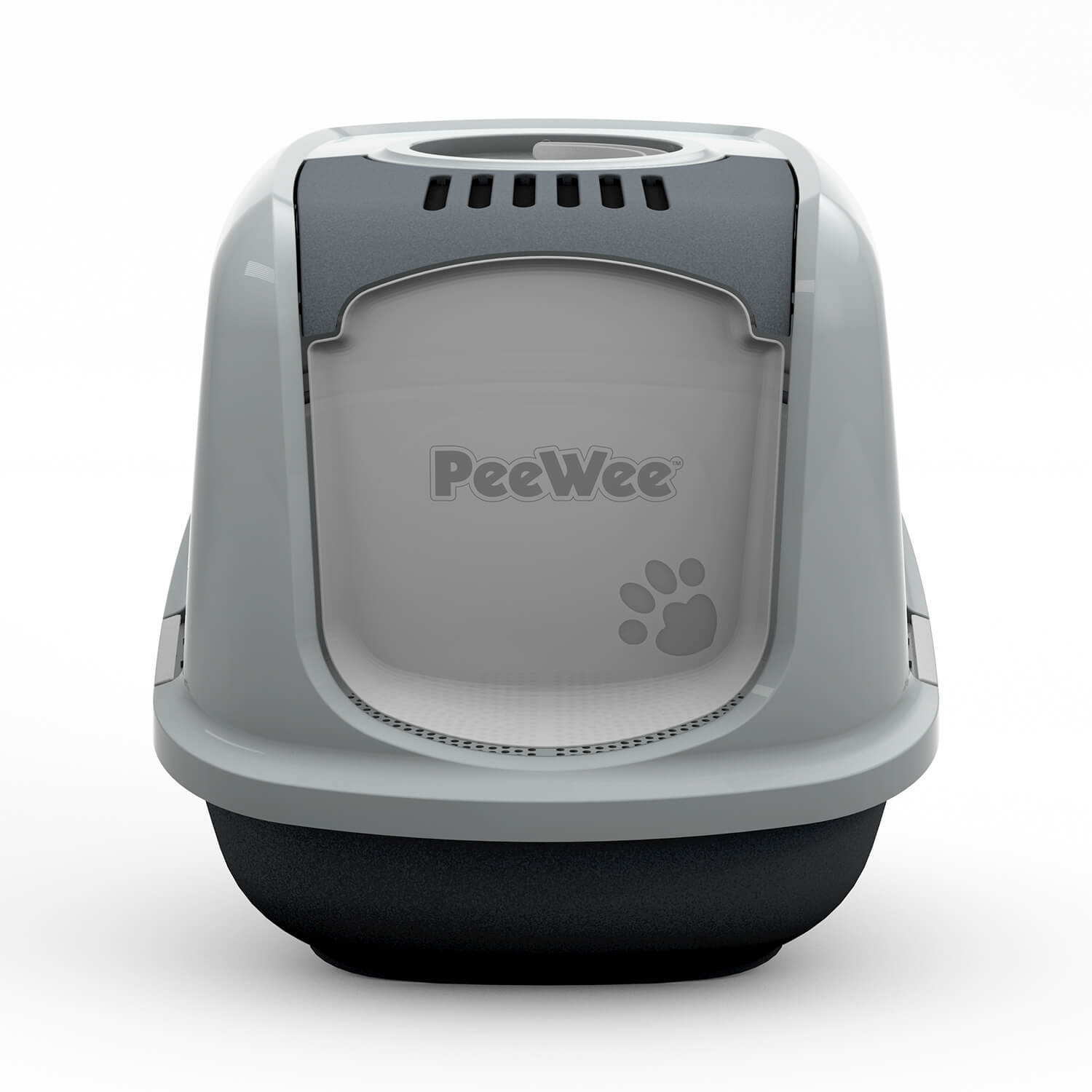PeeWee EcoDome Katzentoilette Grau – Frontalansicht mit verschließbarer Tür und integriertem Filtersystem