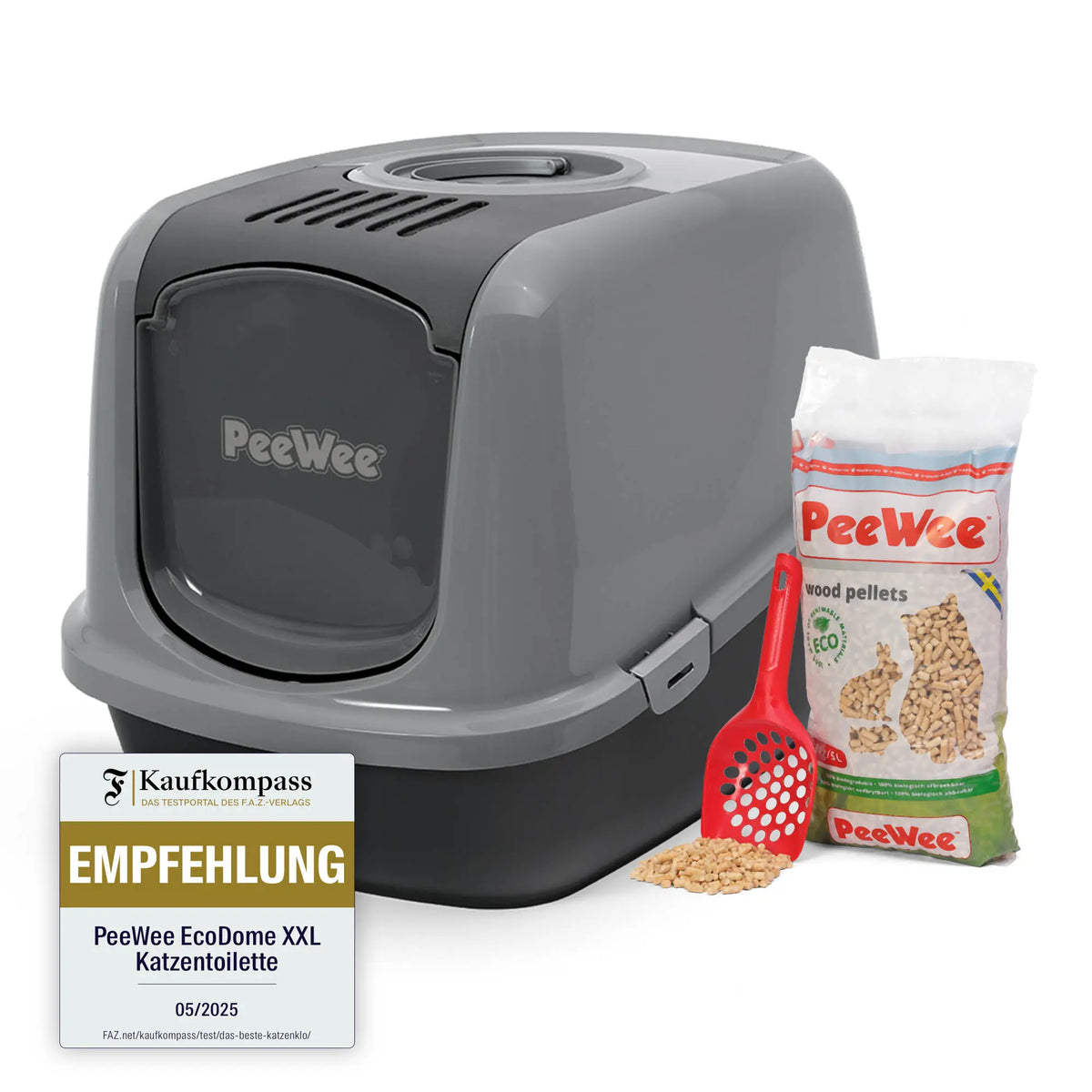 PeeWee EcoDome Starterpaket grau anthrazit – geschlossene Katzentoilette FAZ Kaufkompass Testsiegel Empfehlung mit kleinem Beutel Holzstreu und Schaufel sowie 