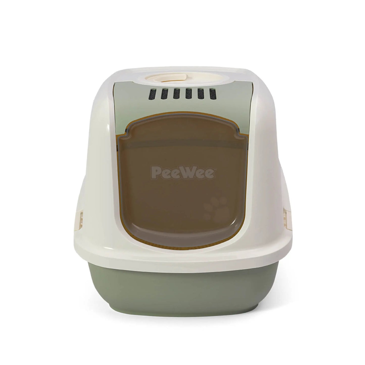 PeeWee EcoDome XXL Katzentoilette salbeigrün grün creme Frontalansicht mit verschließbarer Tür und integriertem Filtersystem