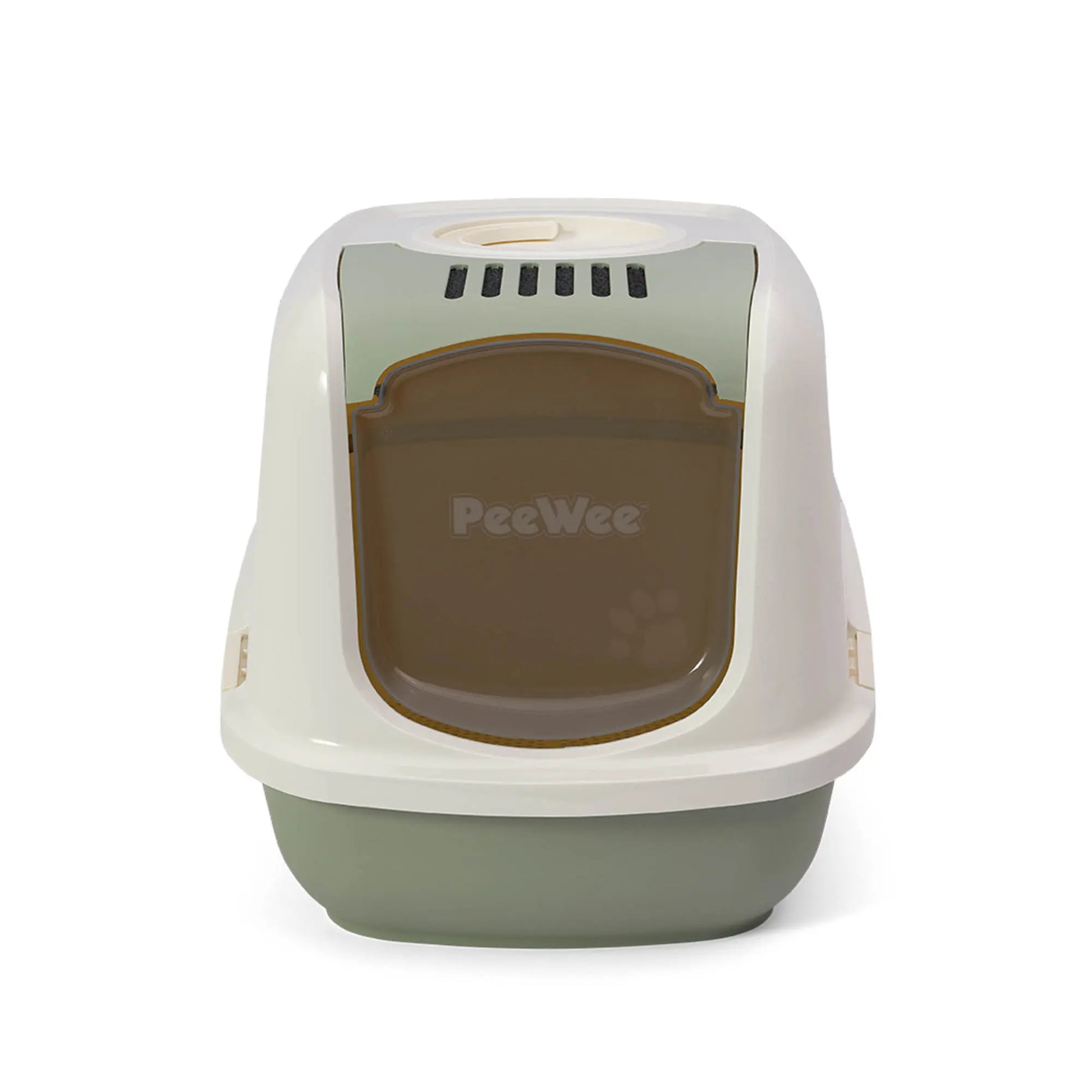 PeeWee EcoDome XXL Katzentoilette salbeigrün grün creme Frontalansicht mit verschließbarer Tür und integriertem Filtersystem
