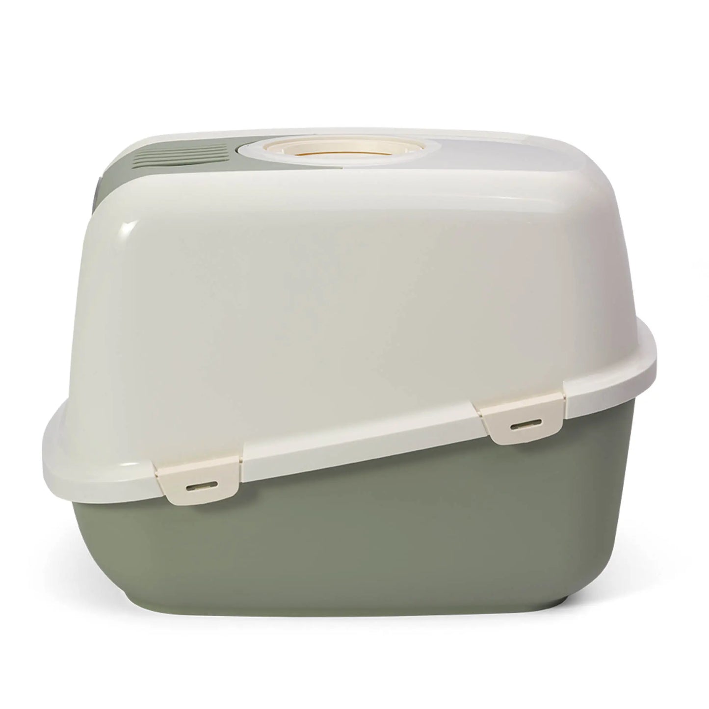 PeeWee EcoDome XXL Katzentoilette salbeigrün grün creme geschlossene Seitenansicht mit Belüftung und Aktivkohlefilter