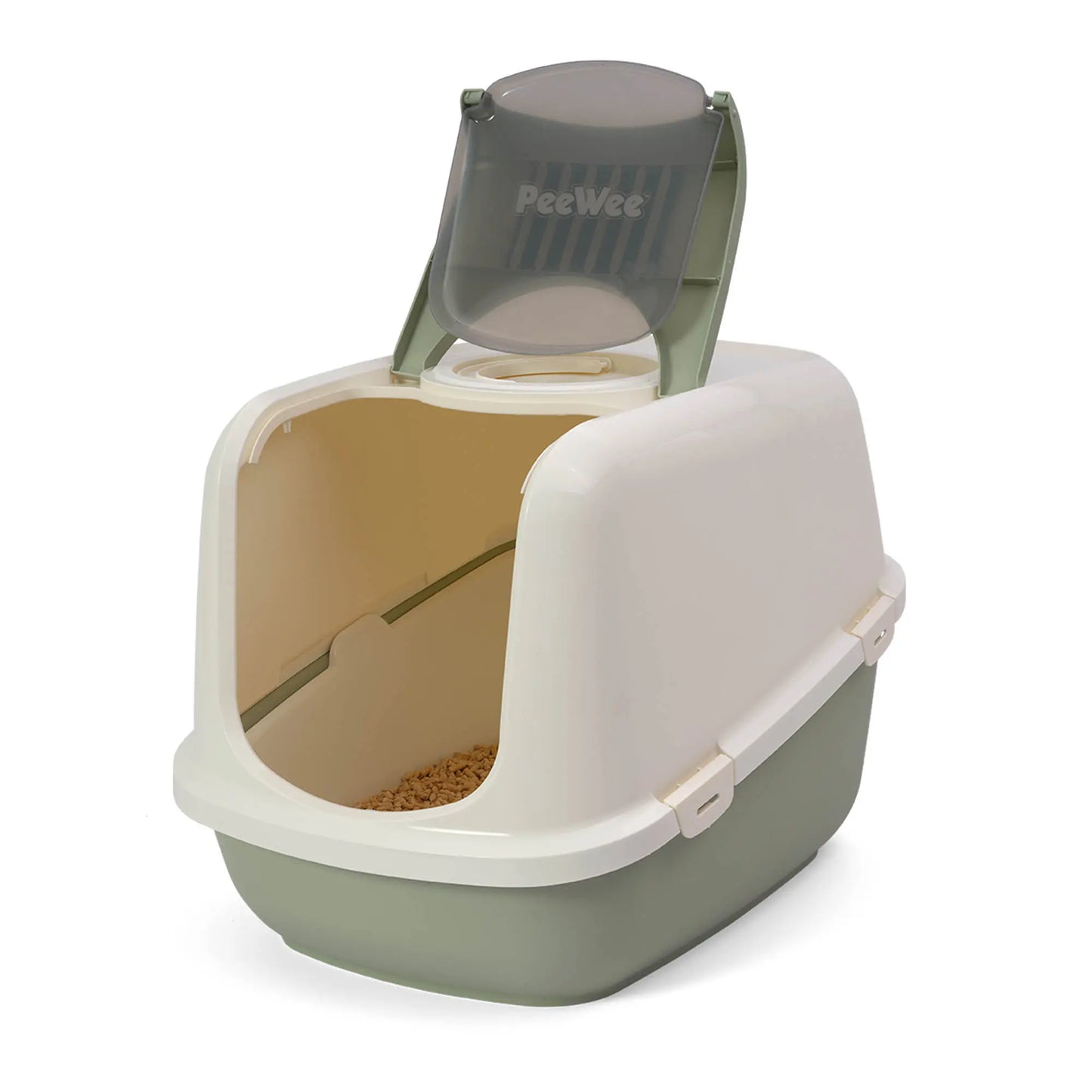PeeWee EcoDome XXL Katzentoilette salbeigrün grün creme offene Tür, zeigt Siebsystem und Innenraum für bessere Hygiene