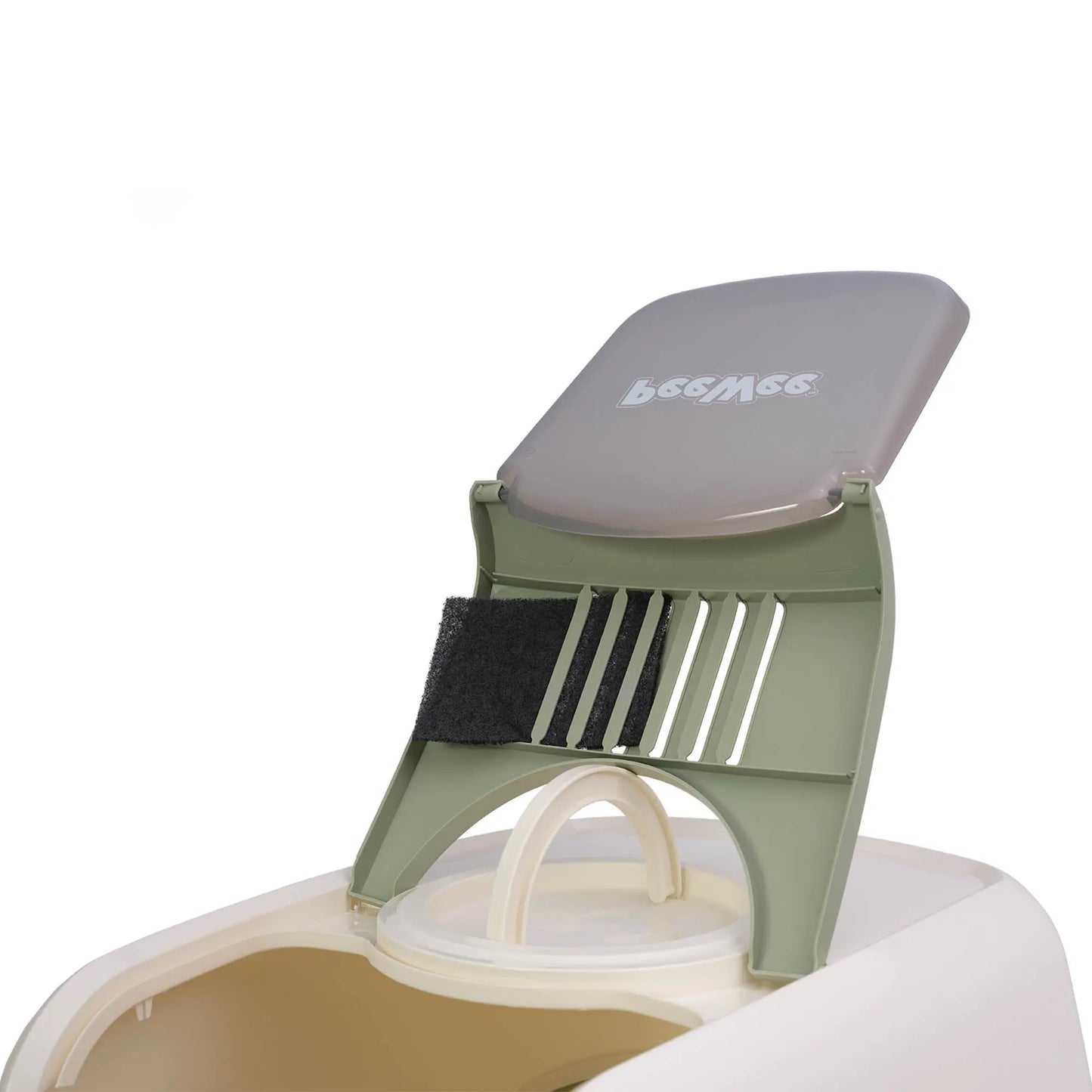 PeeWee EcoDome XXL Katzentoilette salbeigrün grün creme Detailansicht auf Schwingtür, Filtersystem mit Kohlefilter und Tragegriff