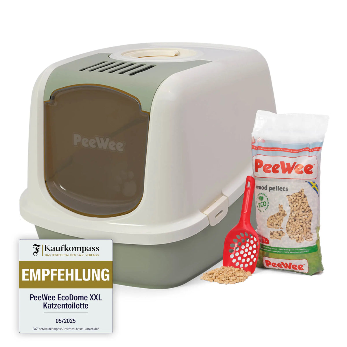 PeeWee EcoDome Starterpaket salbeigrün grün – geschlossene Katzentoilette FAZ Kaufkompass Empfehlung Testsiegel mit kleinem Beutel Holzstreu und Schaufel sowie 