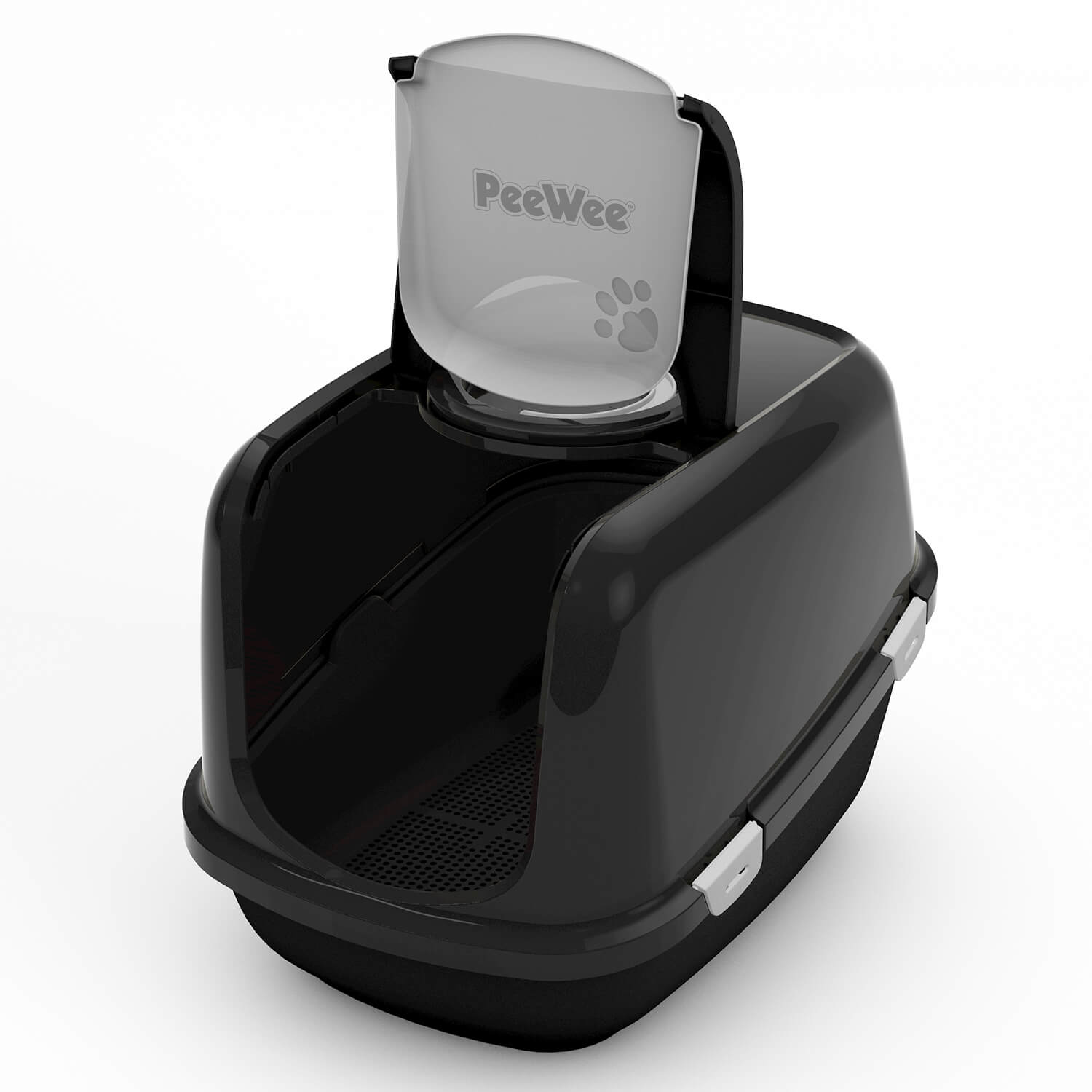 PeeWee EcoDome Katzentoilette schwarz offene Tür, zeigt Siebsystem und Innenraum für bessere Hygiene