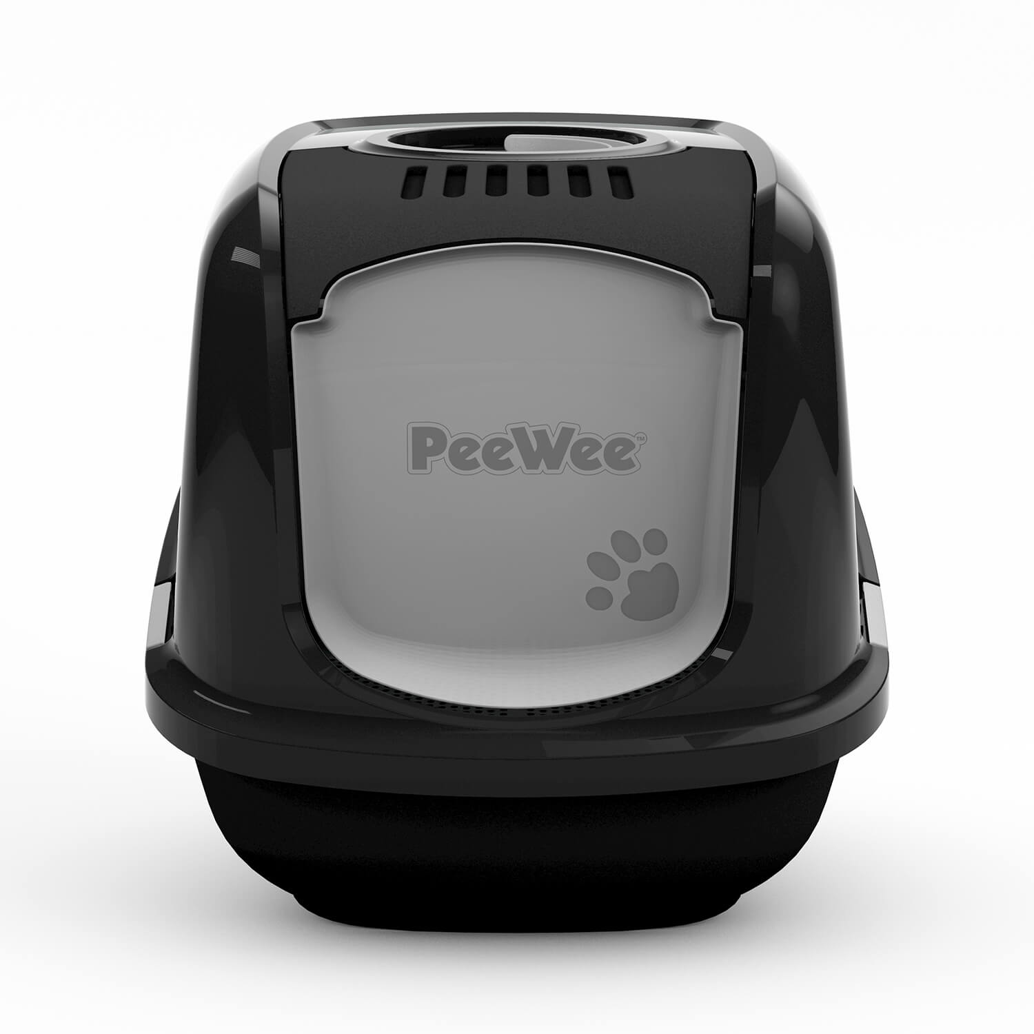 PeeWee EcoDome Katzentoilette schwarz Frontalansicht mit verschließbarer Tür und integriertem Filtersystem