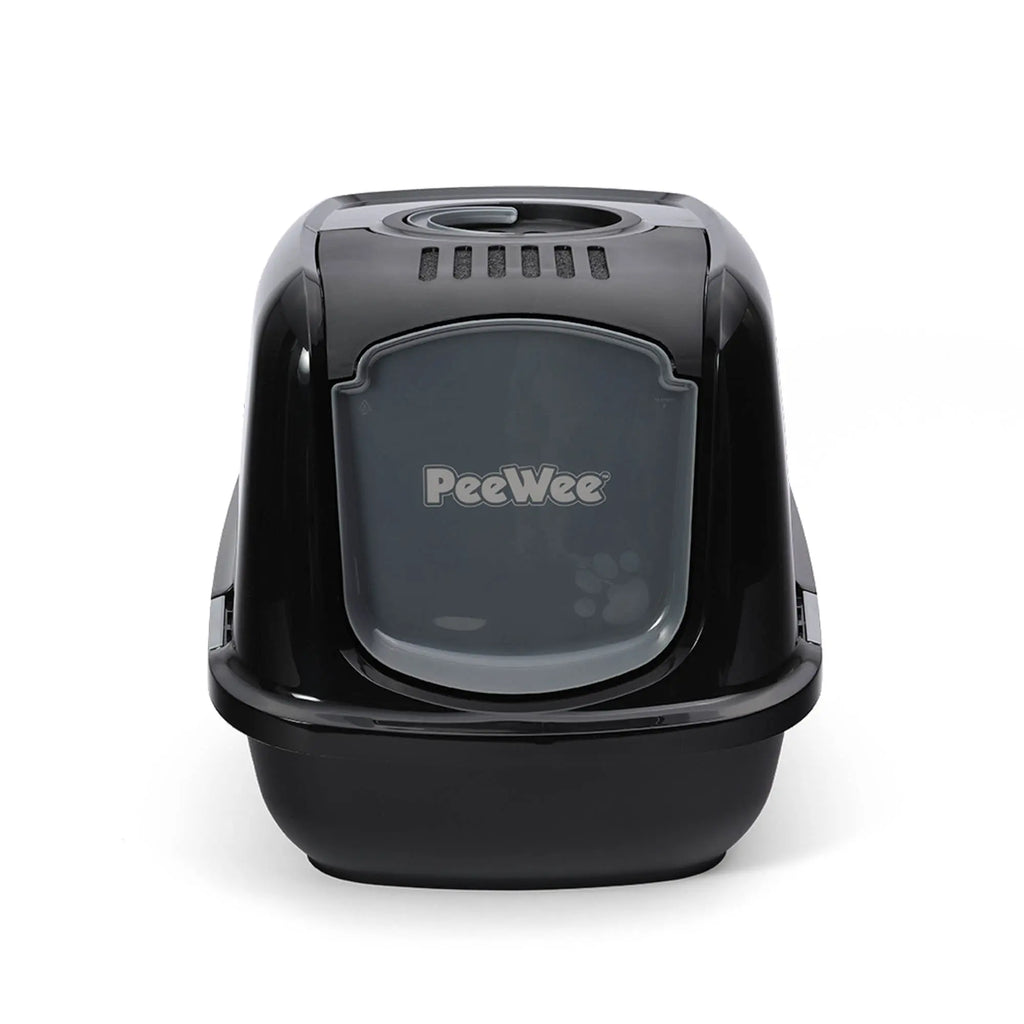 PeeWee EcoDome Katzentoilette schwarz Frontalansicht mit verschließbarer Tür und integriertem Filtersystem