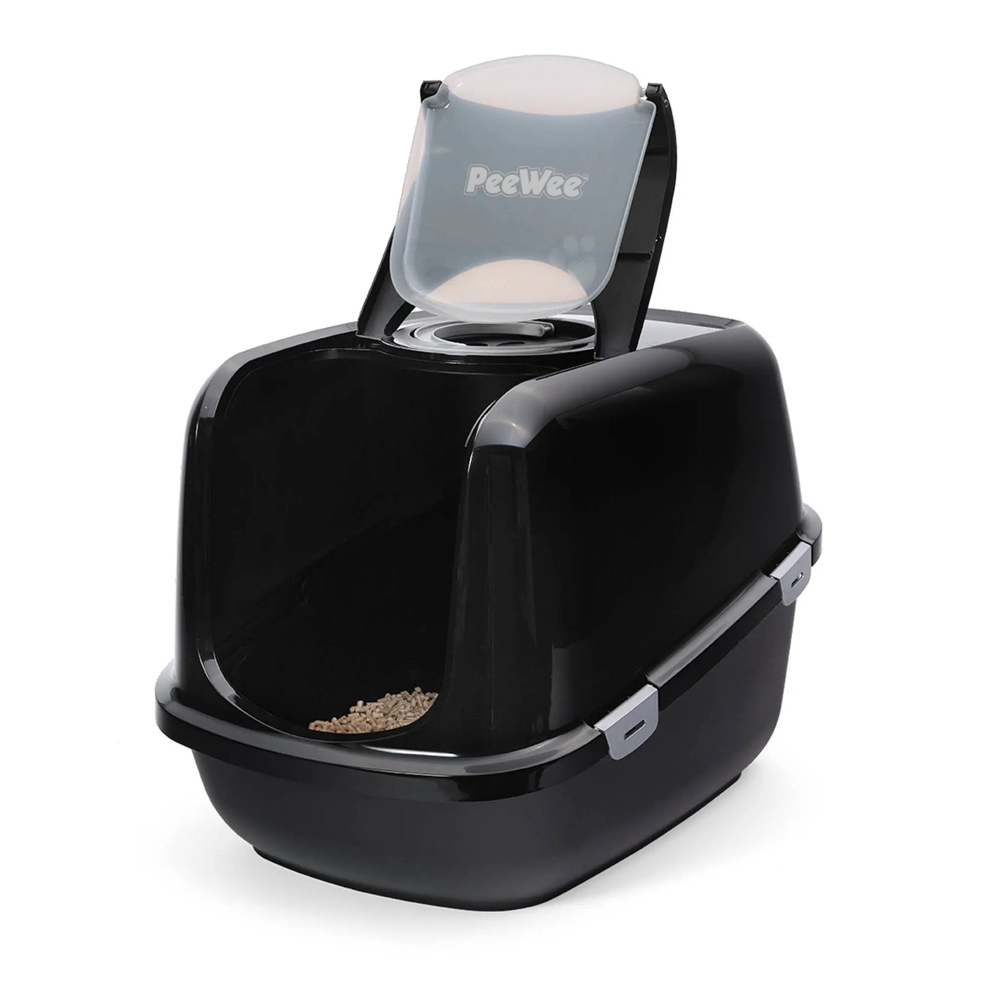 PeeWee EcoDome Katzentoilette schwarz offene Tür, zeigt Siebsystem und Innenraum für bessere Hygiene