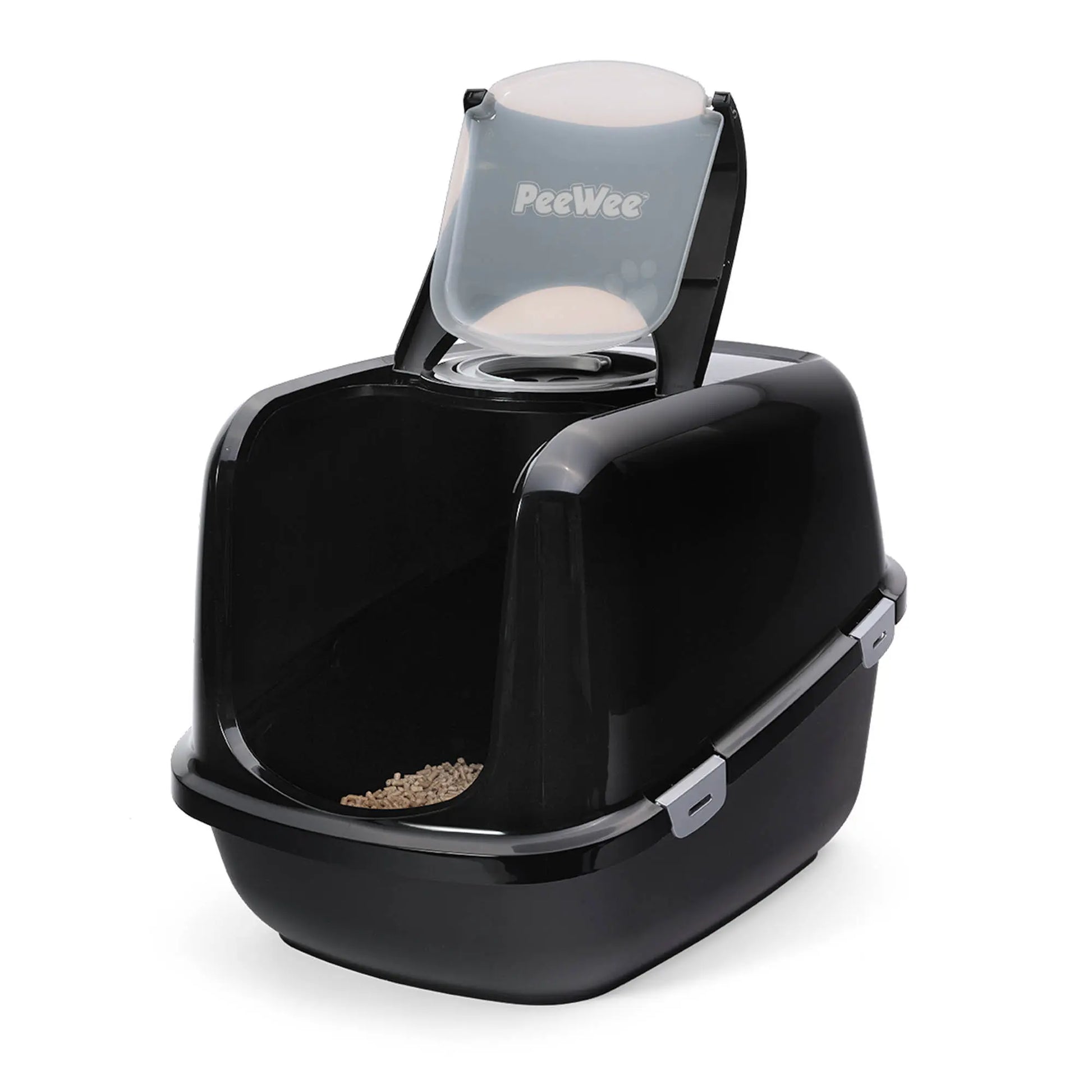 PeeWee EcoDome Katzentoilette schwarz offene Tür, zeigt Siebsystem und Innenraum für bessere Hygiene