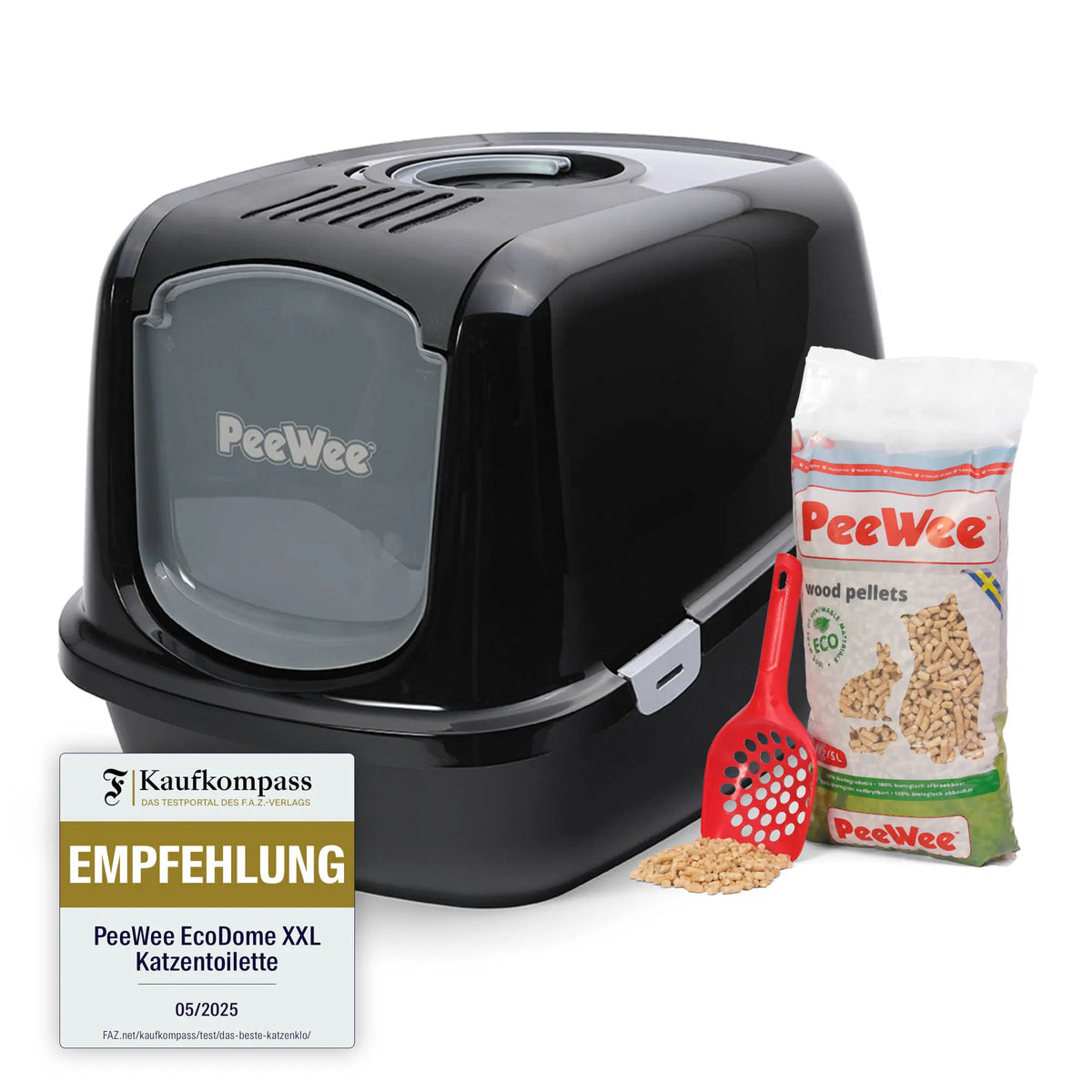PeeWee EcoDome Starterpaket schwarz – geschlossene Katzentoilette mit kleinem Beutel Holzstreu und Schaufel sowie FAZ Kaufkompass Testsiegel Empfehlung