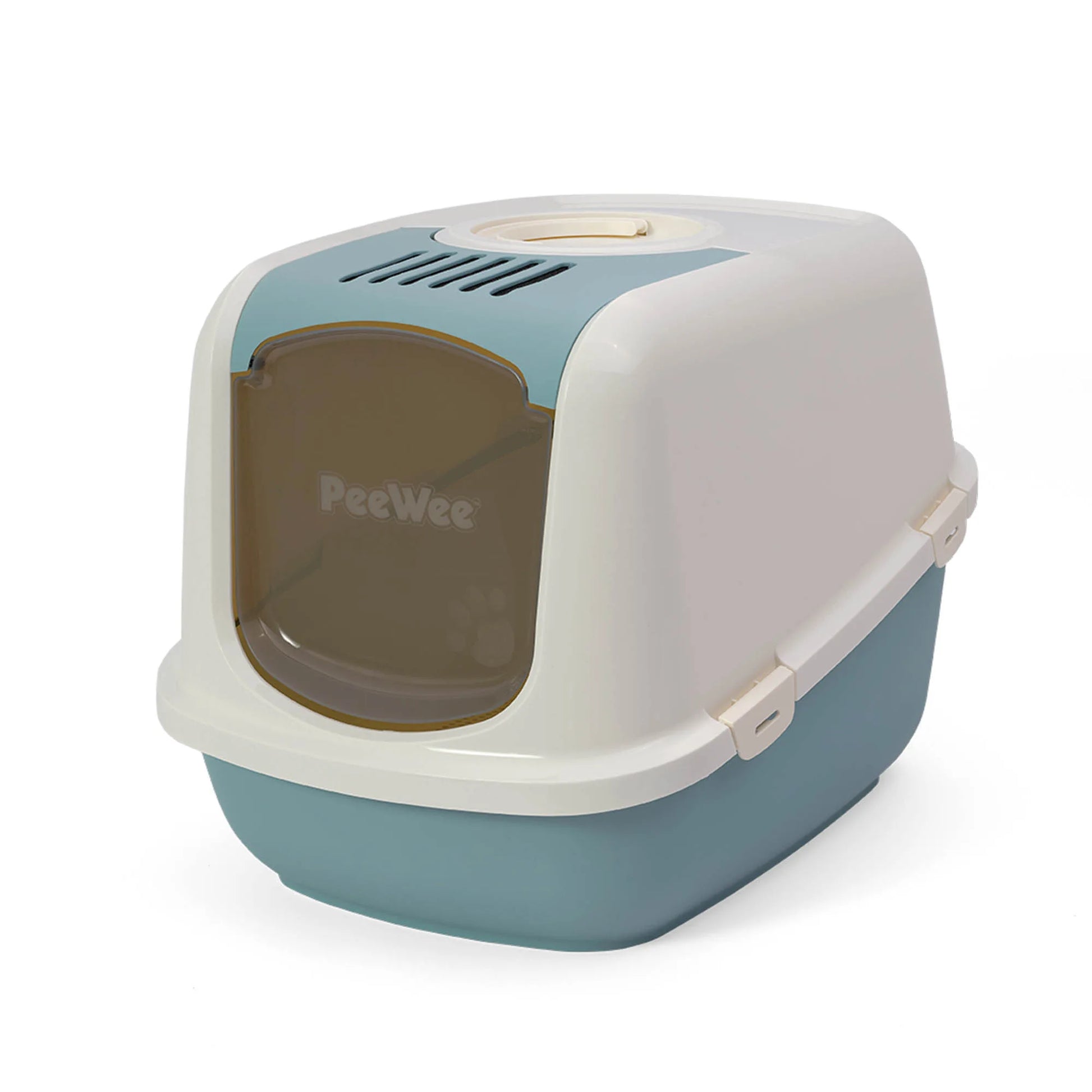 PeeWee EcoDome Katzentoilette taubenblau blau geschlossene Ansicht mit transparenter Tür 