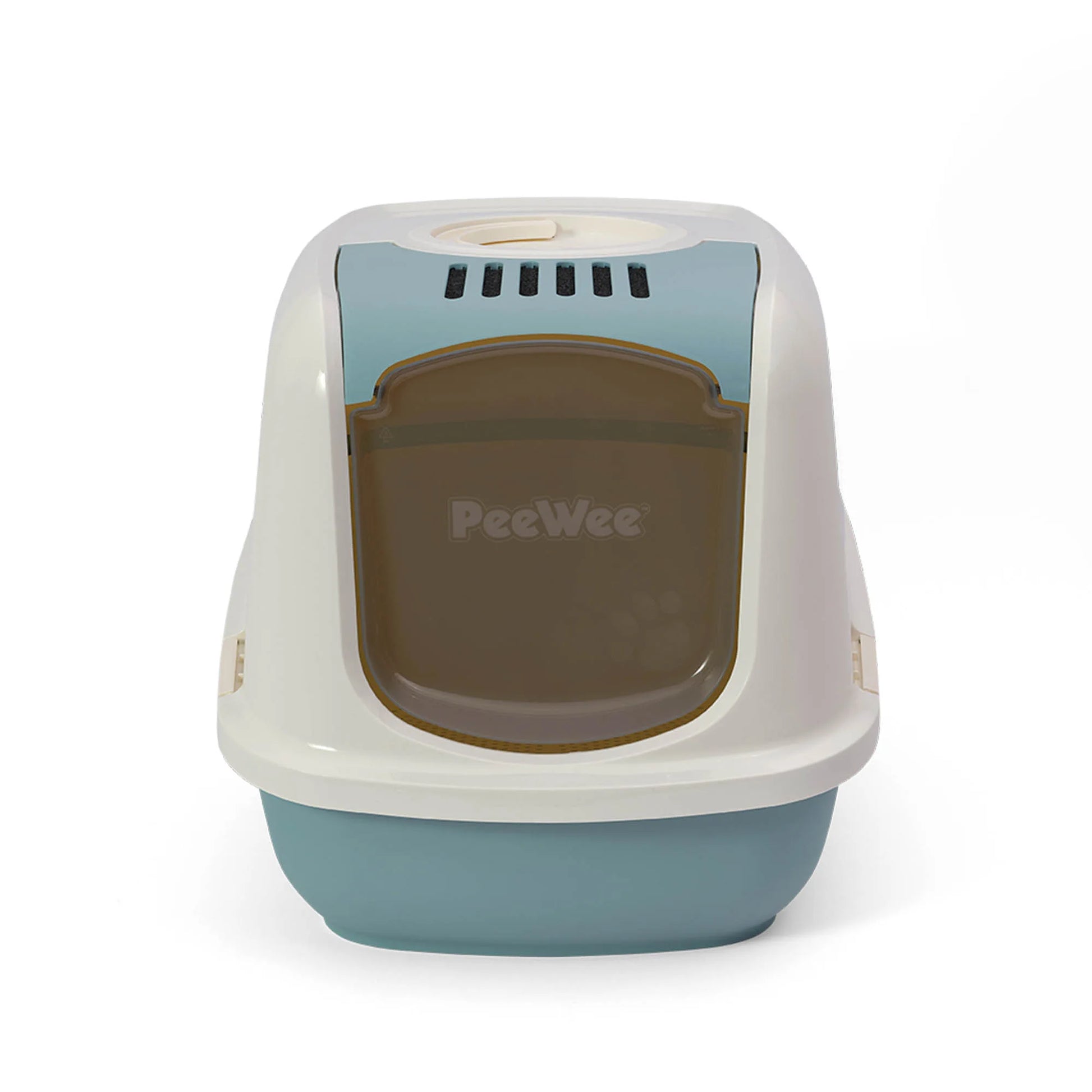 PeeWee EcoDome Katzentoilette taubenblau blau Frontalansicht mit verschließbarer Tür und integriertem Filtersystem