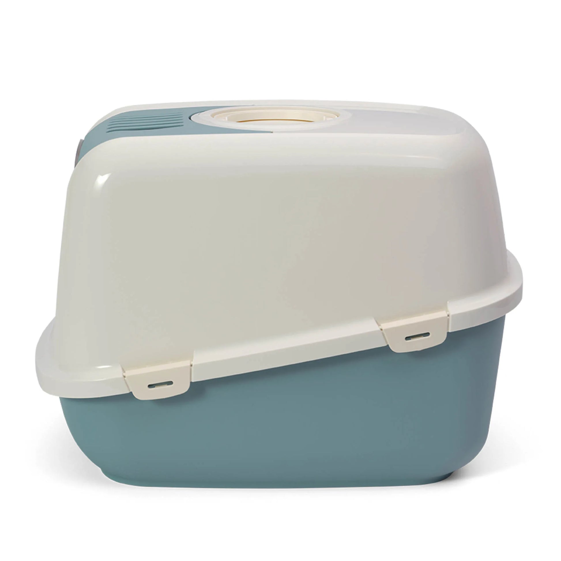 PeeWee EcoDome Katzentoilette taubenblau blau geschlossene Seitenansicht mit Belüftung und Aktivkohlefilter