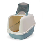 PeeWee EcoDome Katzentoilette taubenblau blau offene Tür, zeigt Siebsystem und Innenraum für bessere Hygiene