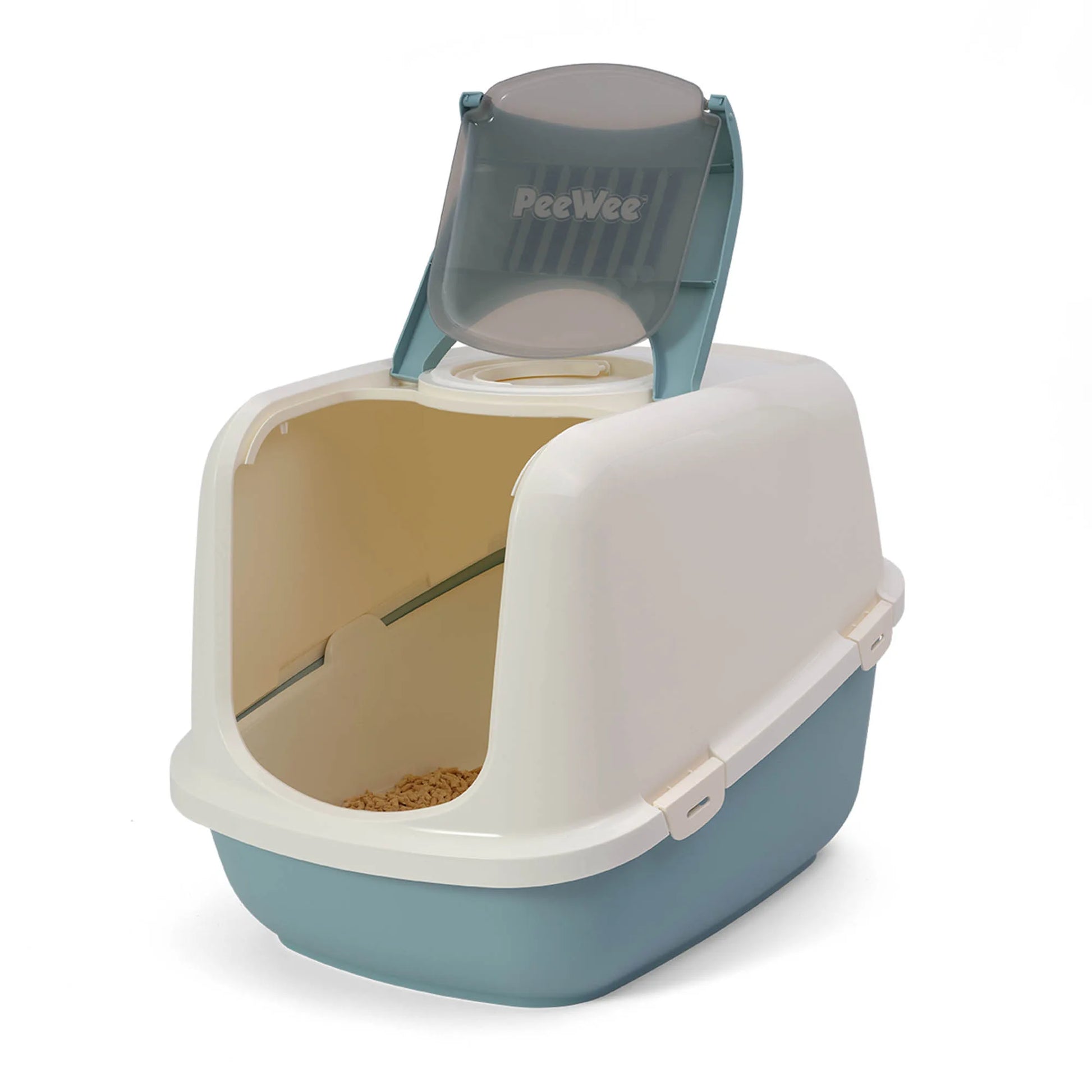PeeWee EcoDome Katzentoilette taubenblau blau offene Tür, zeigt Siebsystem und Innenraum für bessere Hygiene