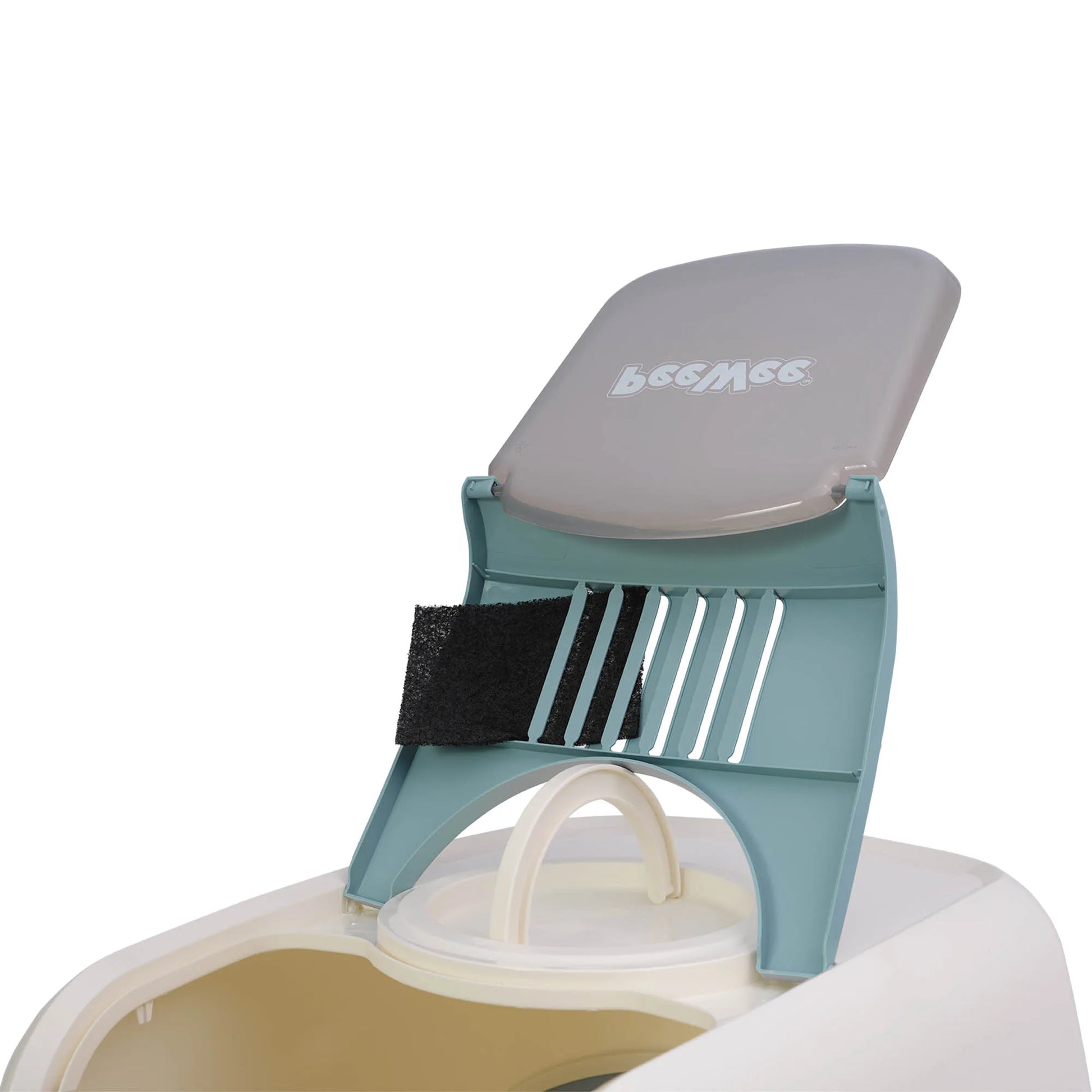 PeeWee EcoDome Katzentoilette taubenblau blau Detailansicht auf Schwingtür, Filtersystem mit Kohlefilter und Tragegriff