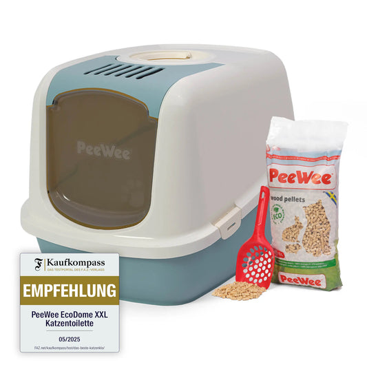 PeeWee EcoDome Starterpaket taubenblau blau – geschlossene Katzentoilette mit Holzstreu und Schaufel sowie FAZ Kaufkompass Empfehlung Testsiegel 