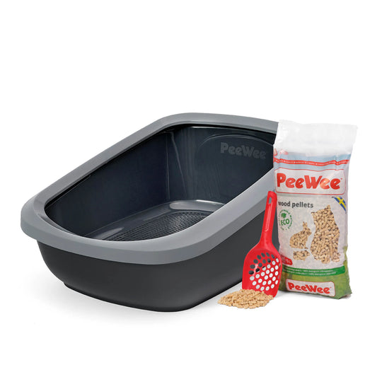 PeeWee EcoGranda Starterpaket grau anthrazit– offene XXL Katzentoilette mit Holzstreu und Schaufel