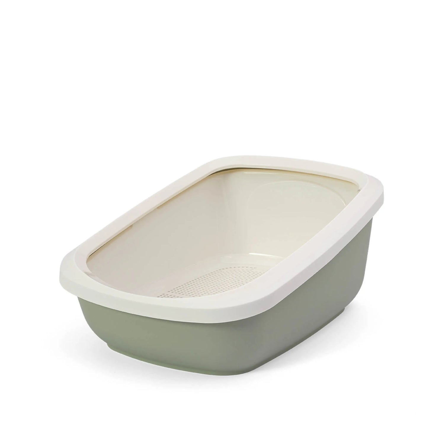 PeeWee EcoGranda Katzentoilette salbeigrün grün offene Sicht von schräg oben, zeigt das Siebsystem