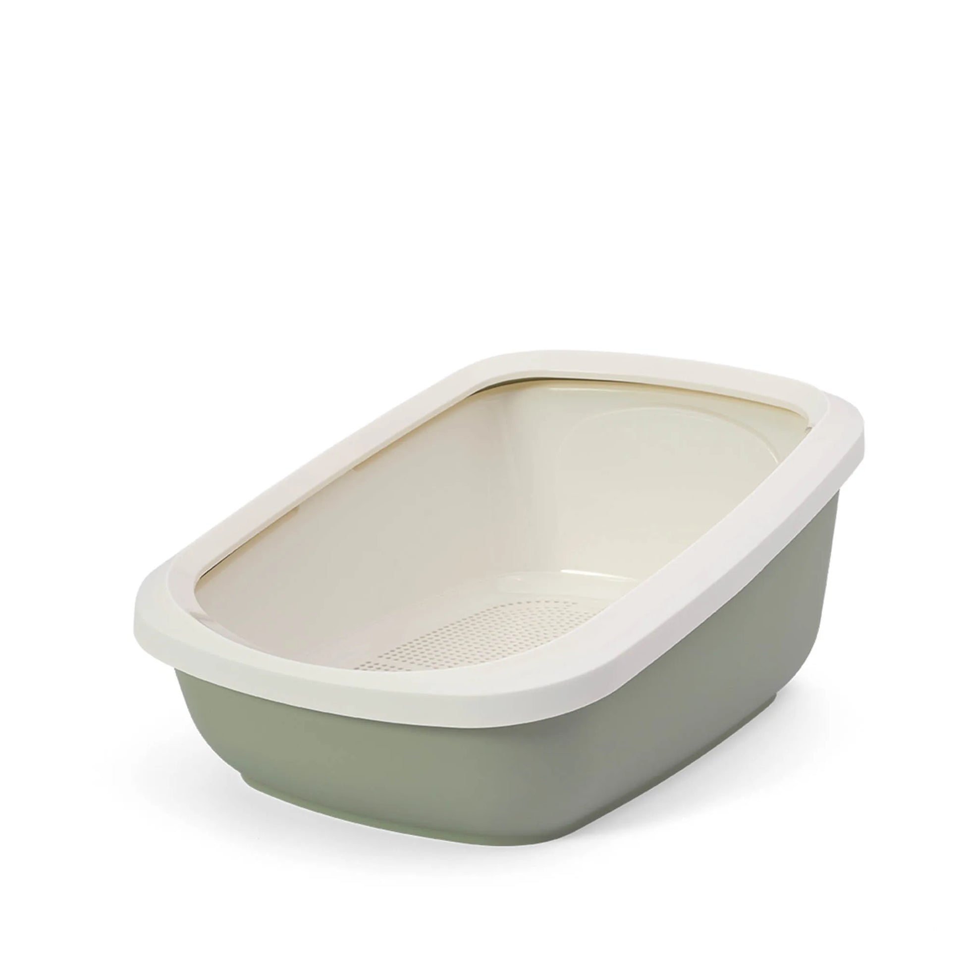 PeeWee EcoGranda Katzentoilette salbeigrün grün offene Sicht von schräg oben, zeigt das Siebsystem