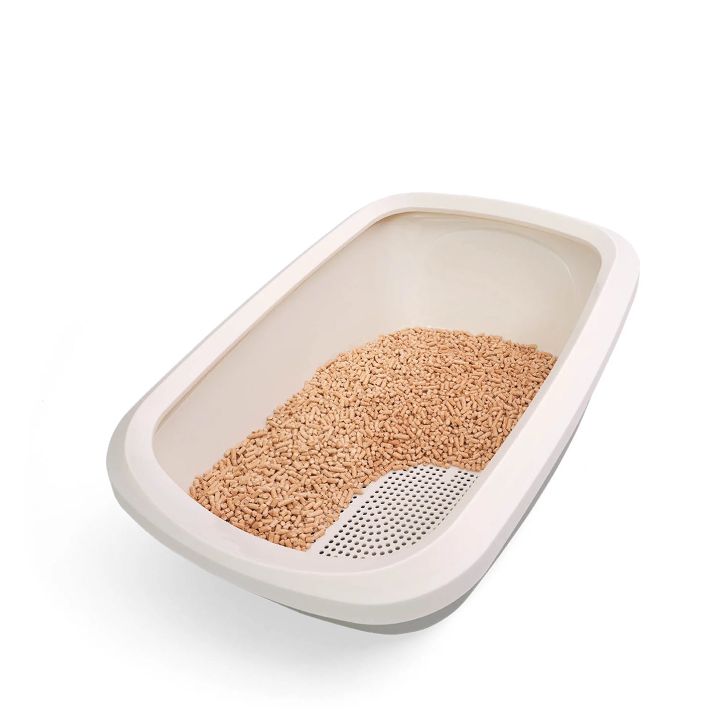 PeeWee EcoGranda Katzentoilette salbeigrün grün offene Sicht von schräg oben, zeigt das Siebsystem sowie Holzpellets