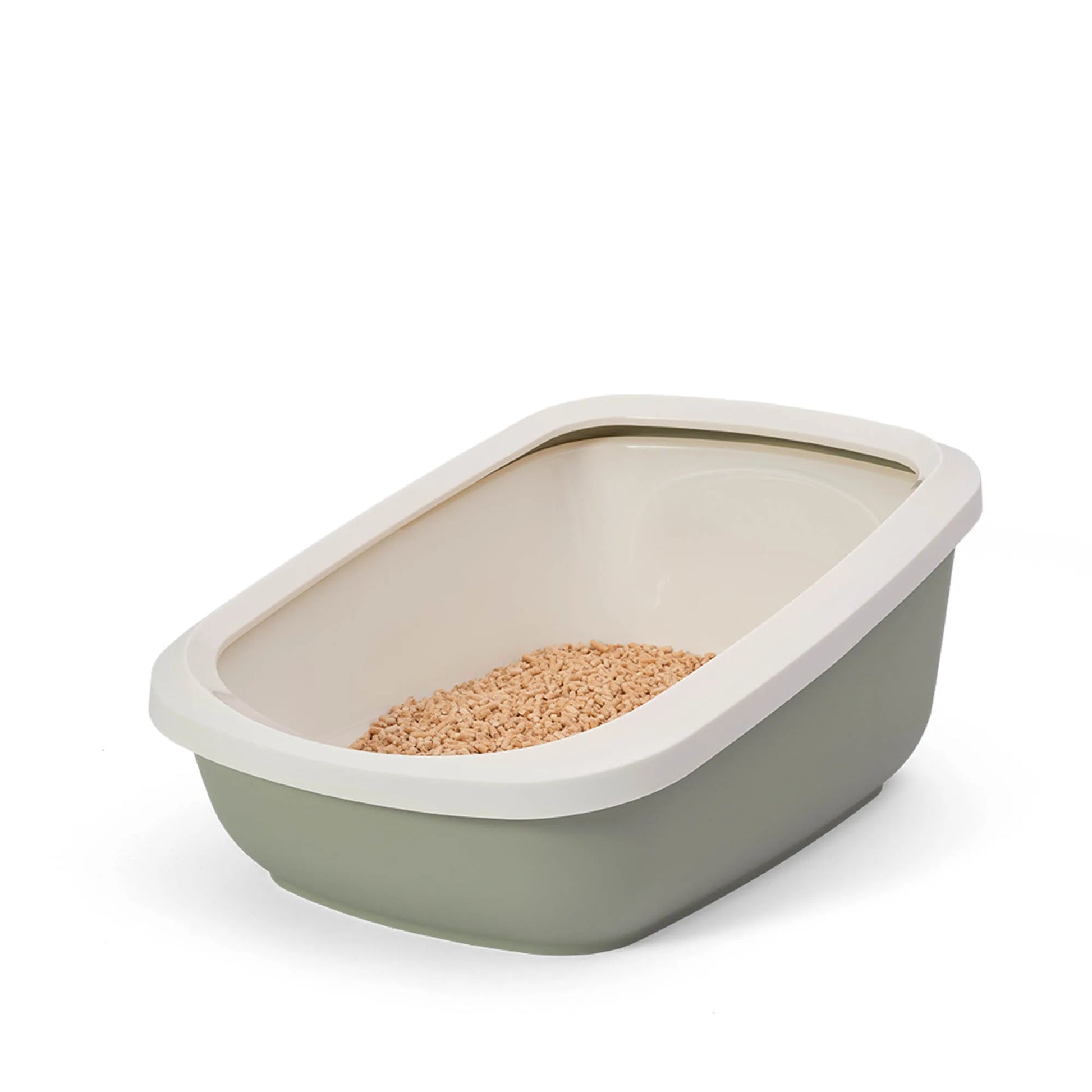 PeeWee EcoGranda Katzentoilette salbeigrün grün offene Sicht von schräg oben, zeigt Holzpellets Holzstreu