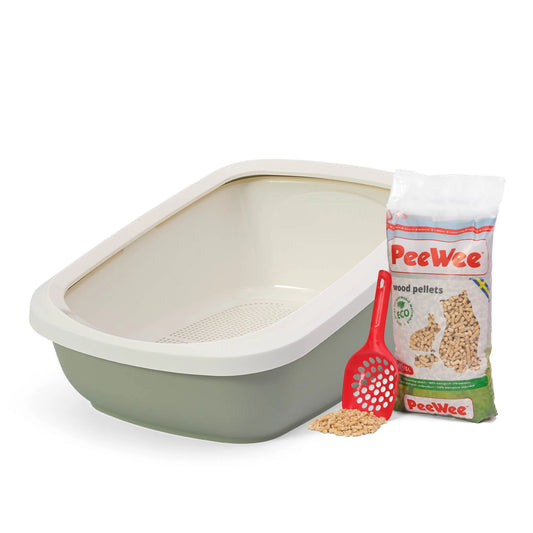PeeWee EcoGranda Starterpaket salbeigrün grün – offene XXL Katzentoilette mit Holzstreu und Schaufel