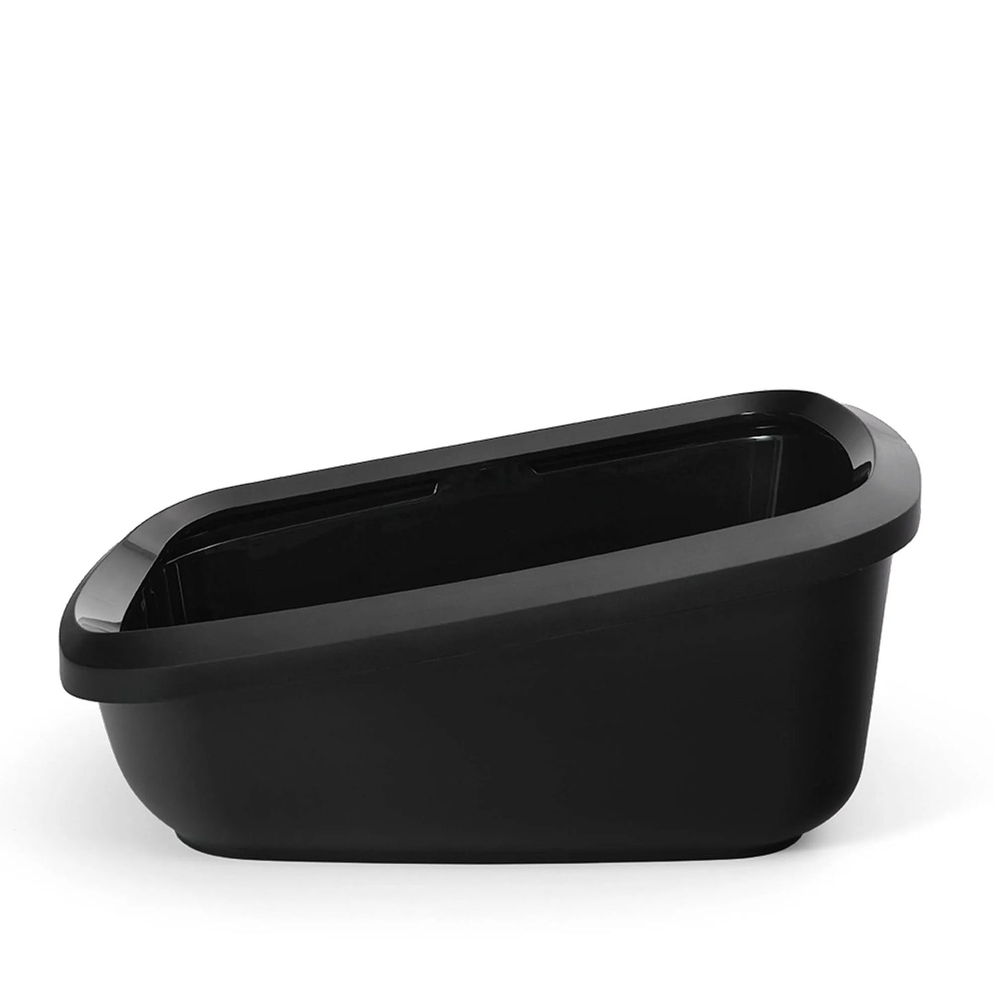 PeeWee EcoGranda Katzentoilette schwarz schräge Seitenansicht mit Fokus auf erhöhten Rand