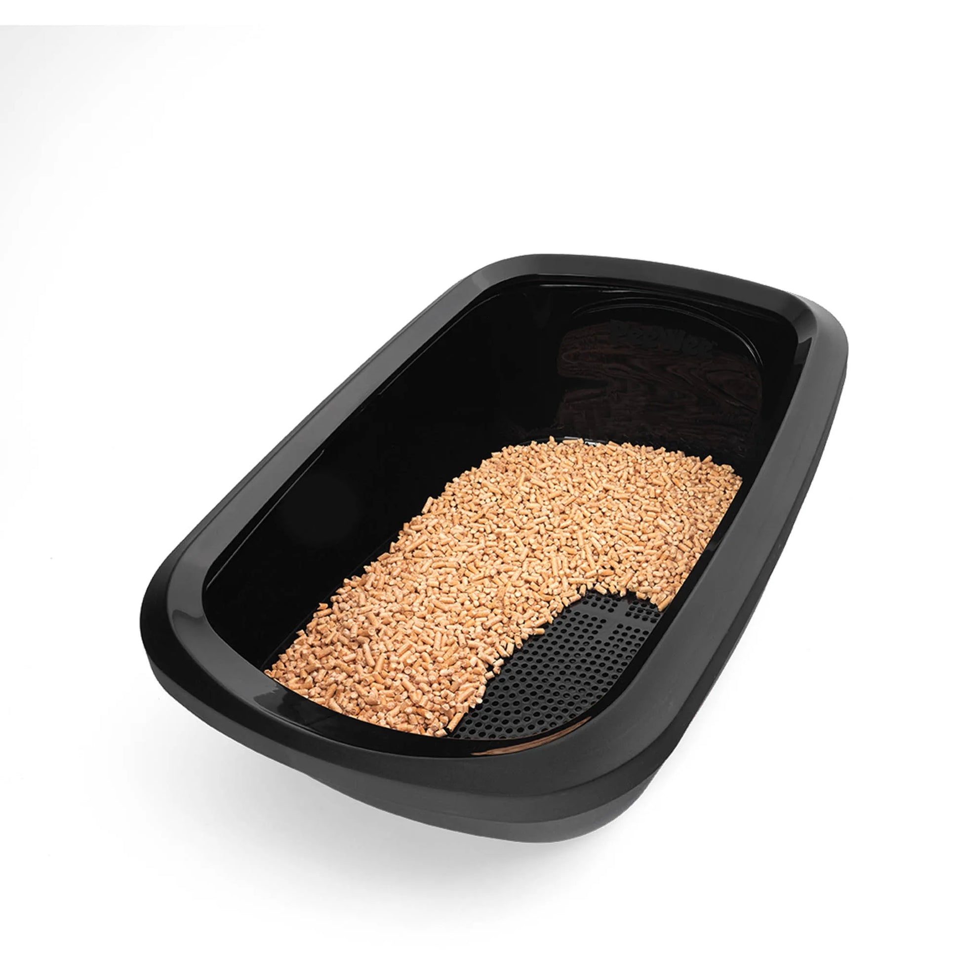 PeeWee EcoGranda Katzentoilette schwarz offene Sicht von schräg oben, zeigt das Siebsystem sowie Holzpellets