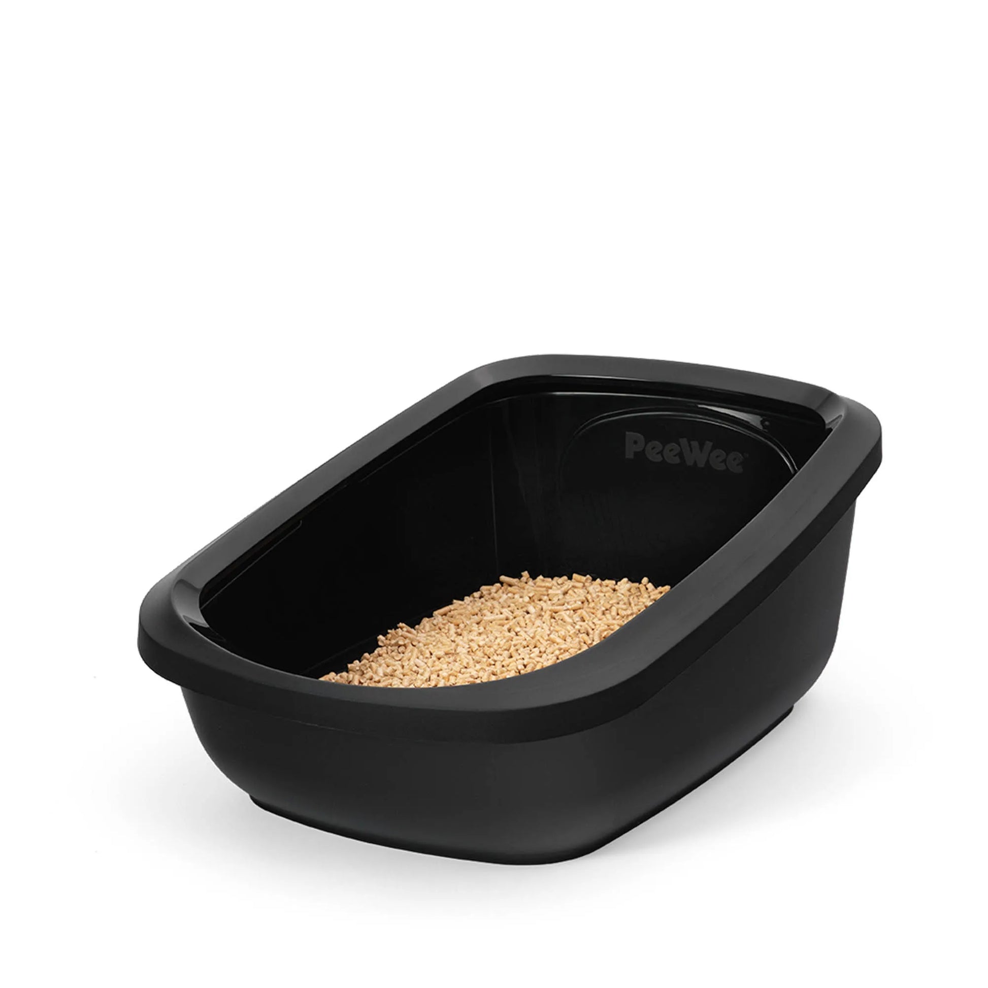 PeeWee EcoGranda Katzentoilette schwarz offene Sicht von schräg oben, zeigt Holzpellets Holzstreu