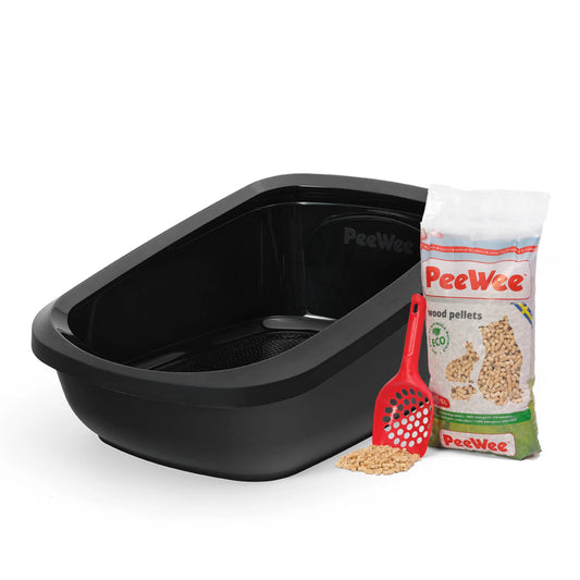 PeeWee EcoGranda Starterpaket schwarz – offene XXL Katzentoilette mit Holzstreu und Schaufel