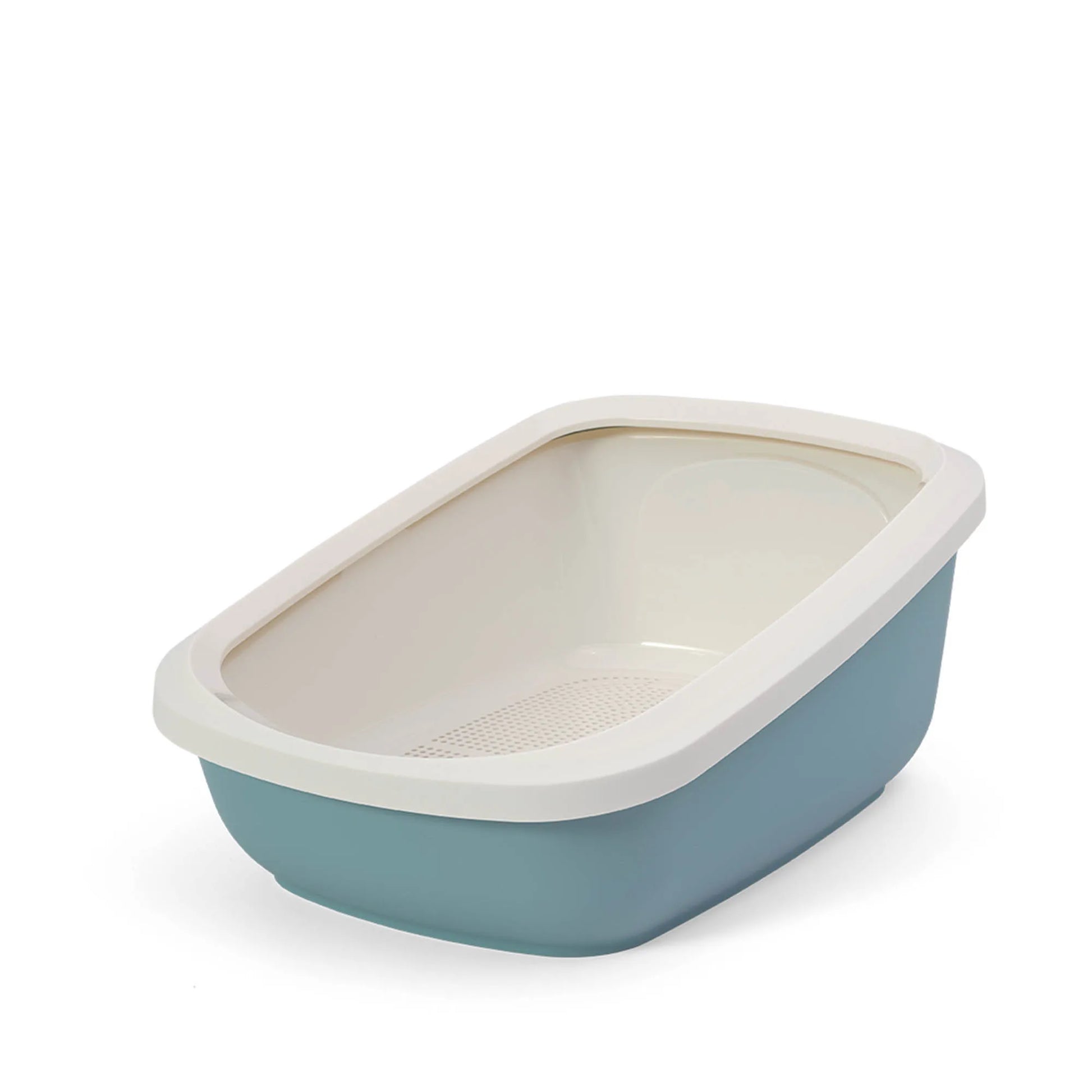 PeeWee EcoGranda Katzentoilette blau taubenblau offene Sicht von schräg oben, zeigt das Siebsystem