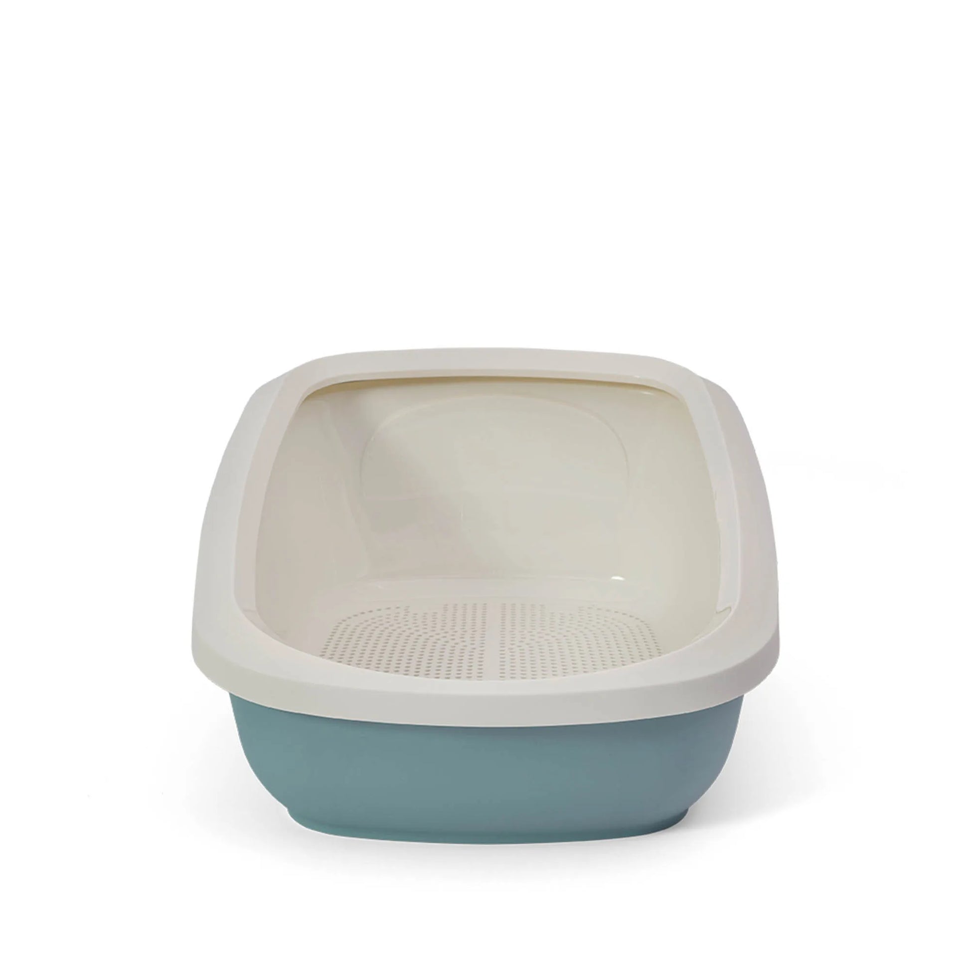 PeeWee EcoGranda Katzentoilette blau taubenblau Frontansicht mit PeeWee-Logo und Siebeinsatz sichtbar