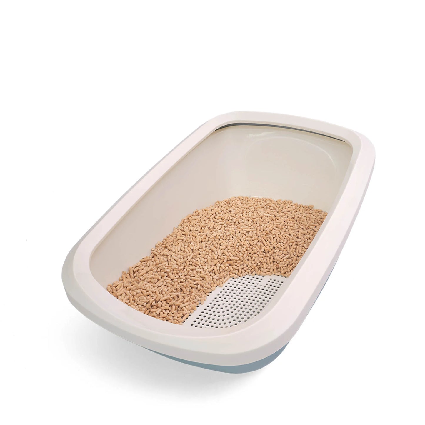 PeeWee EcoGranda Katzentoilette blau taubenblau offene Sicht von schräg oben, zeigt das Siebsystem sowie Holzpellets