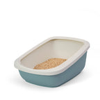 PeeWee EcoGranda Katzentoilette blau taubenblau offene Sicht von schräg oben, zeigt Holzpellets Holzstreu