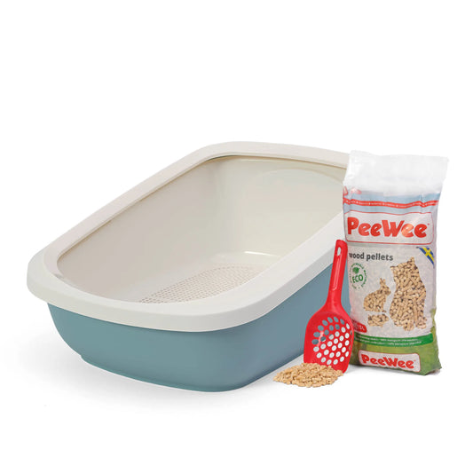 PeeWee EcoGranda Starterpaket taubenblau blau – offene XXL Katzentoilette mit Holzstreu und Schaufel