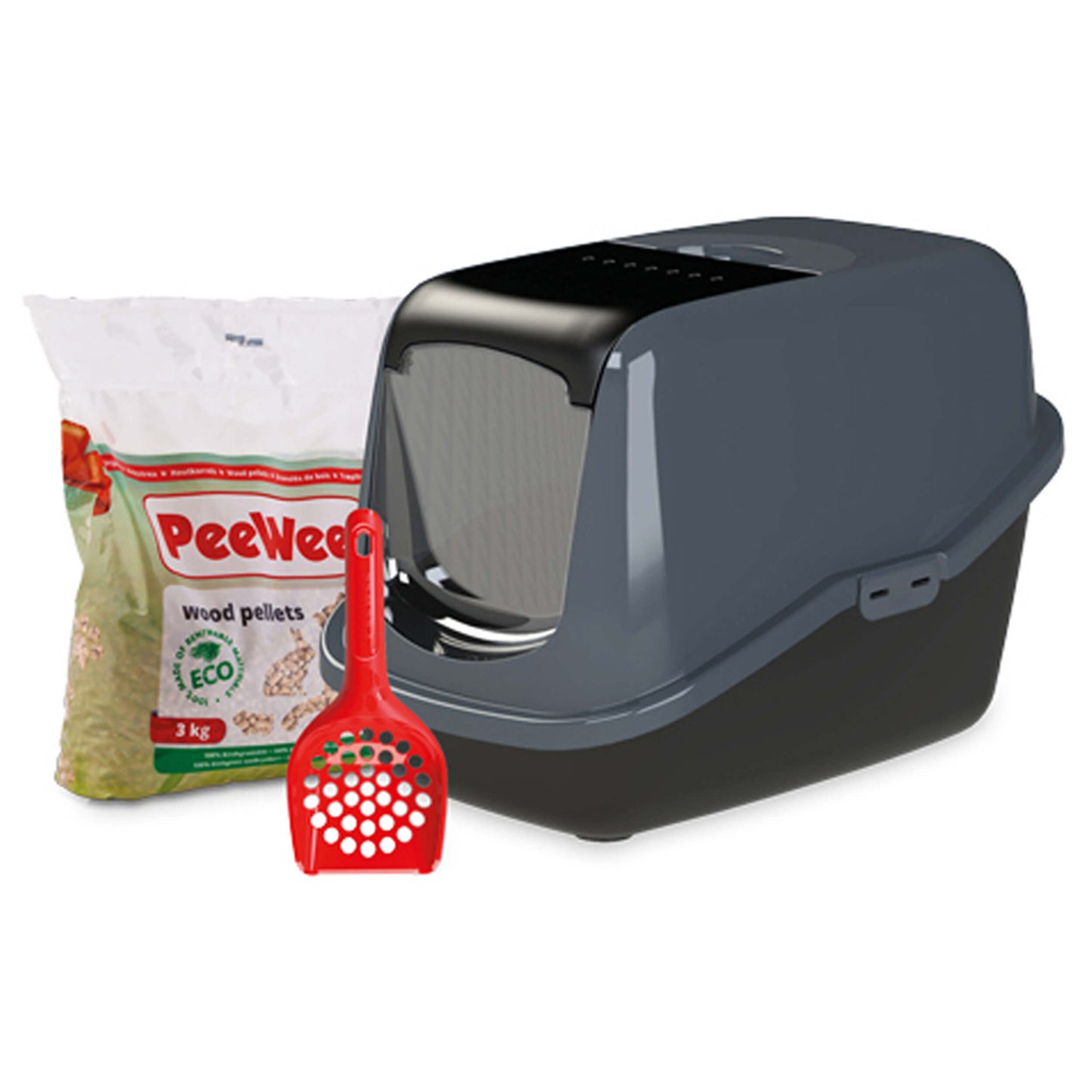 PeeWee EcoHus Starterpaket anthrazit – geschlossene Katzentoilette mit nachhaltiger Holzstreu, staubarm und geruchsbindend