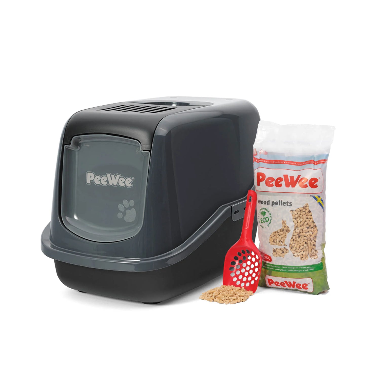 PeeWee EcoHus Starterpaket anthrazit schwarz – geschlossene Katzentoilette mit Haube, Holzstreu und Schaufel